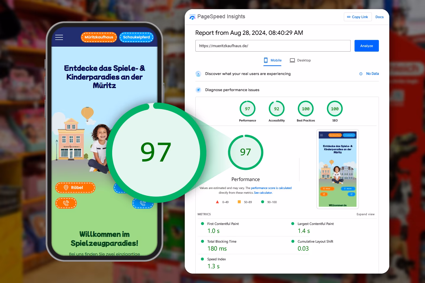 Google PageSpeed Insights Score von 97 f&uuml;r die mobile Version von mueritzkaufhaus.de mit First Contentful Paint von 1,0 Sekunden