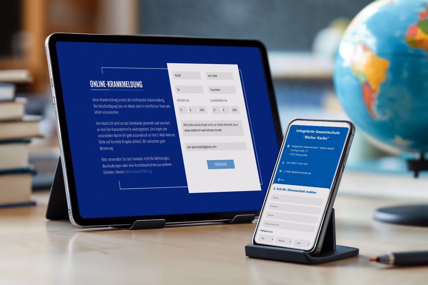 Online-Krankmeldung auf Tablet und Smartphone &ndash; ausgef&uuml;lltes Formular mit Fehlzeit und Nachricht