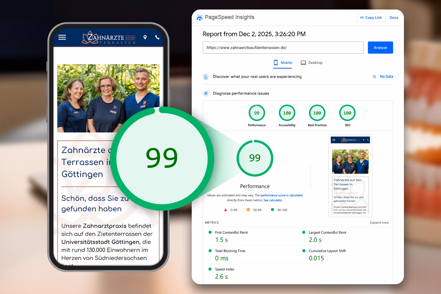 Mobile Ansicht und PageSpeed Insights Score 99 f&uuml;r zahnaerzteaufdenterrassen.de