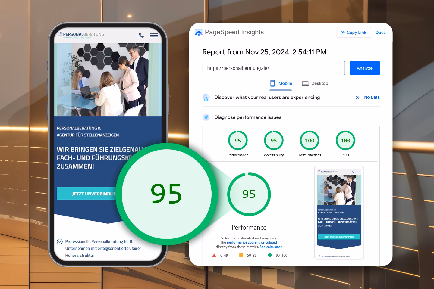 Google PageSpeed Insights Report f&uuml;r personalberatung.de mit mobilem Performance-Score von 95 sowie 100 Punkten in SEO und Best Practices