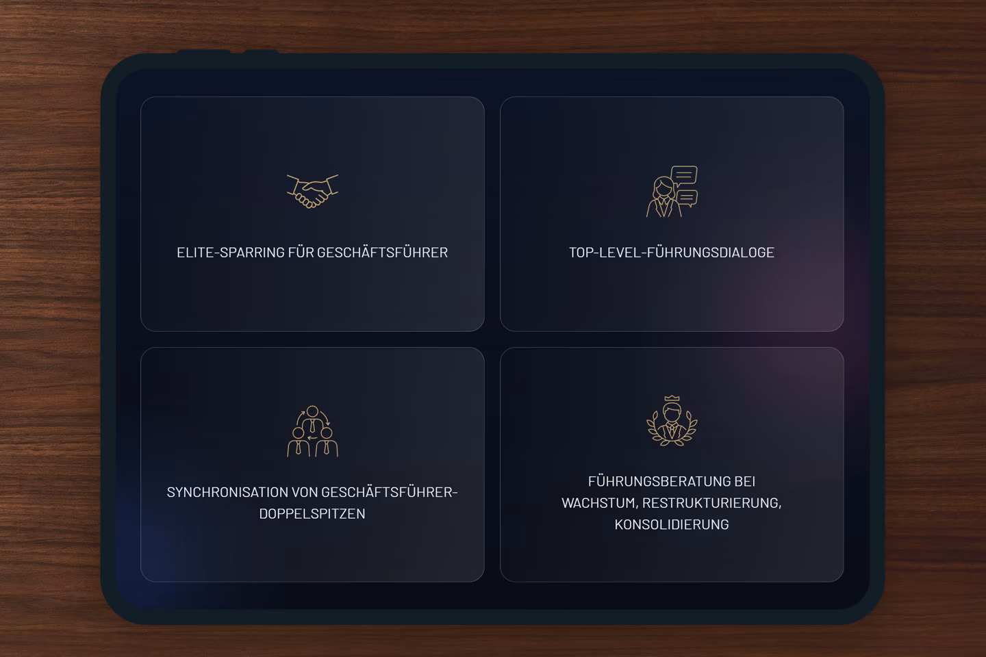 Tablet-Ansicht mit vier Leistungsfeldern und individuellen Icons f&uuml;r Elite-Sparring, F&uuml;hrungsdialoge, Doppelspitzen-Synchronisation und F&uuml;hrungsberatung