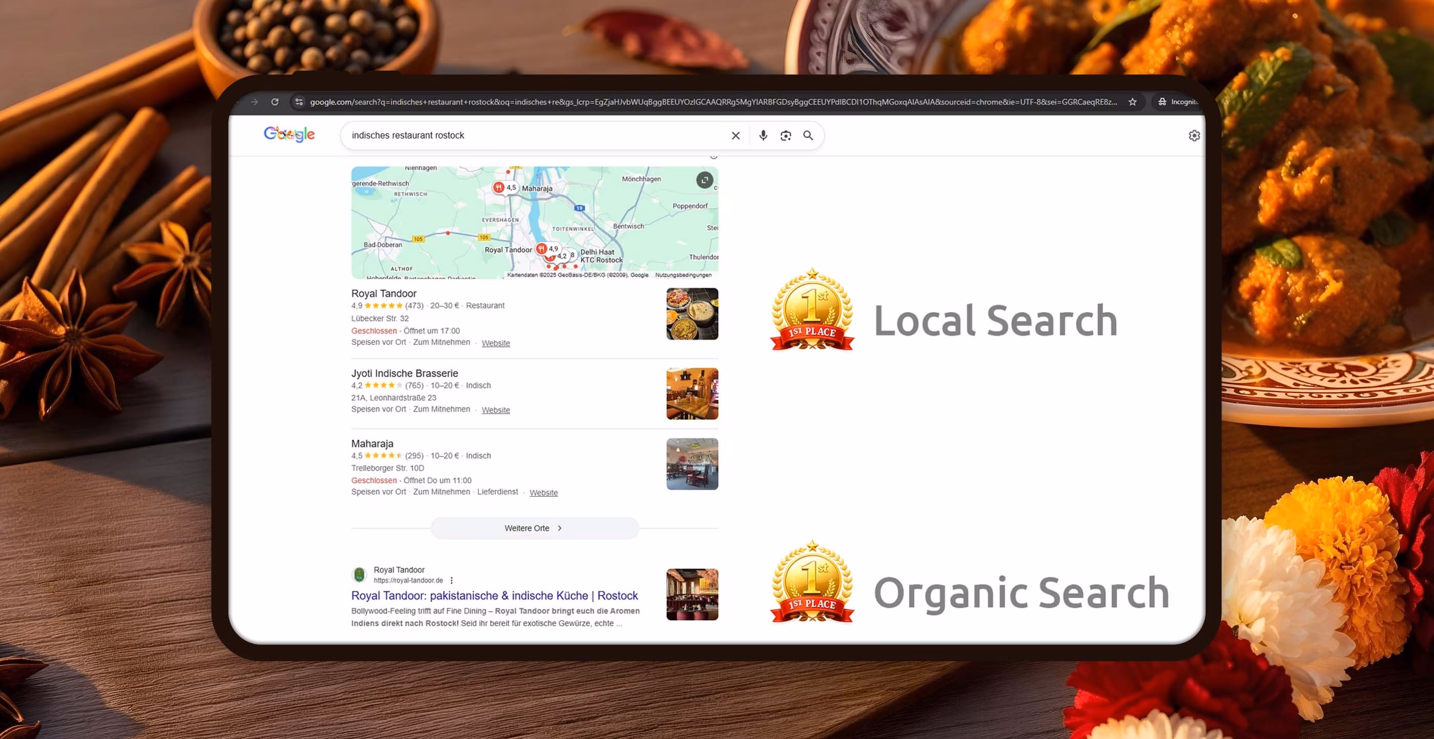 Google-Suchergebnis f&uuml;r indisches Restaurant Rostock &ndash; Royal Tandoor auf Platz 1 in Local Search und organischer Suche