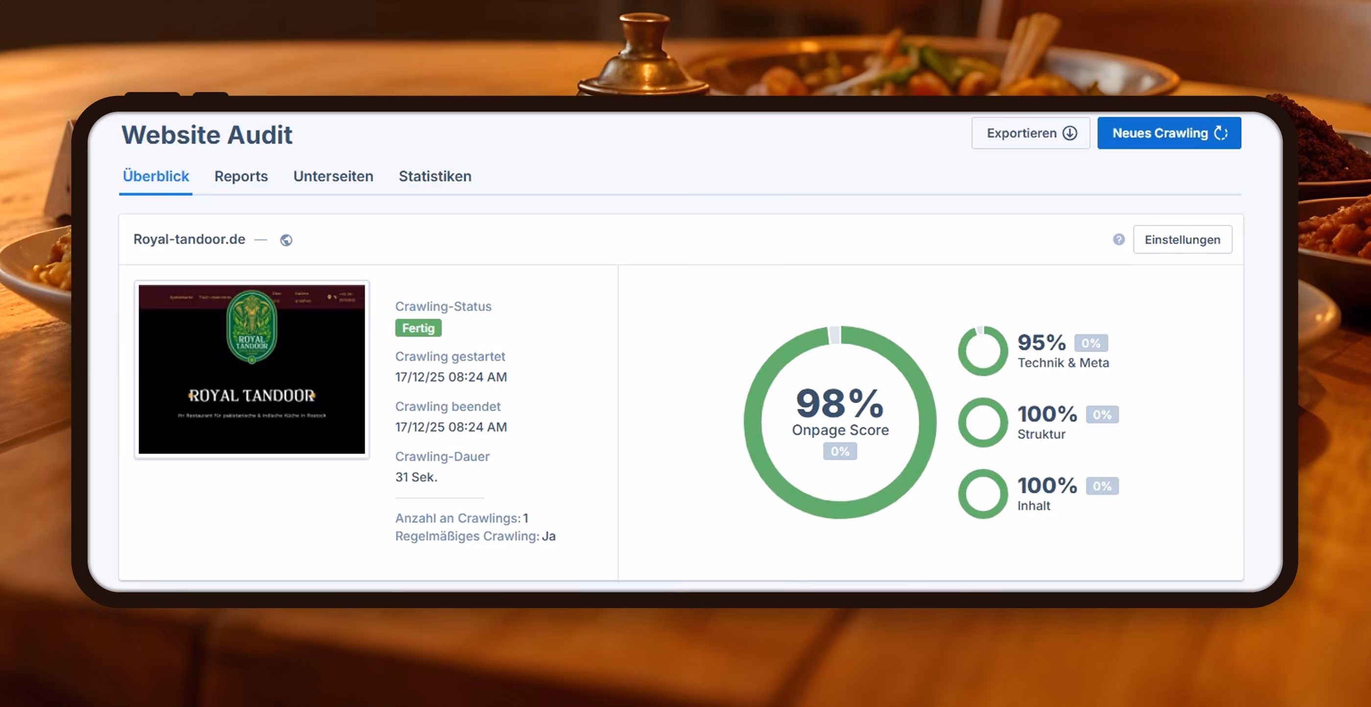 Website-Audit f&uuml;r Royal Tandoor Rostock bei Seobility &ndash; OnPage Score 98 %, Struktur 100 %, Inhalt 100 %