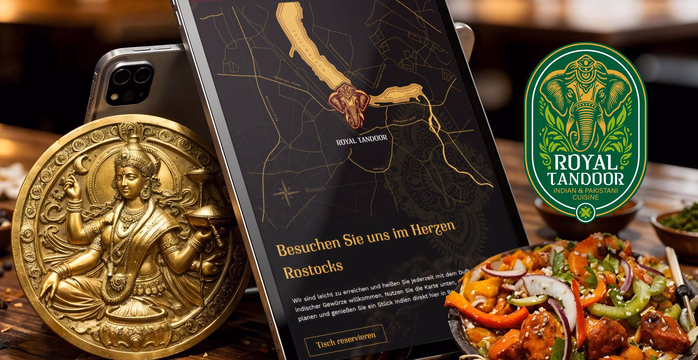 Handillustrierte Anfahrtskarte im Maharadscha-Stil f&uuml;r das Restaurant Royal Tandoor Rostock &ndash; entwickelt von 4eck Media