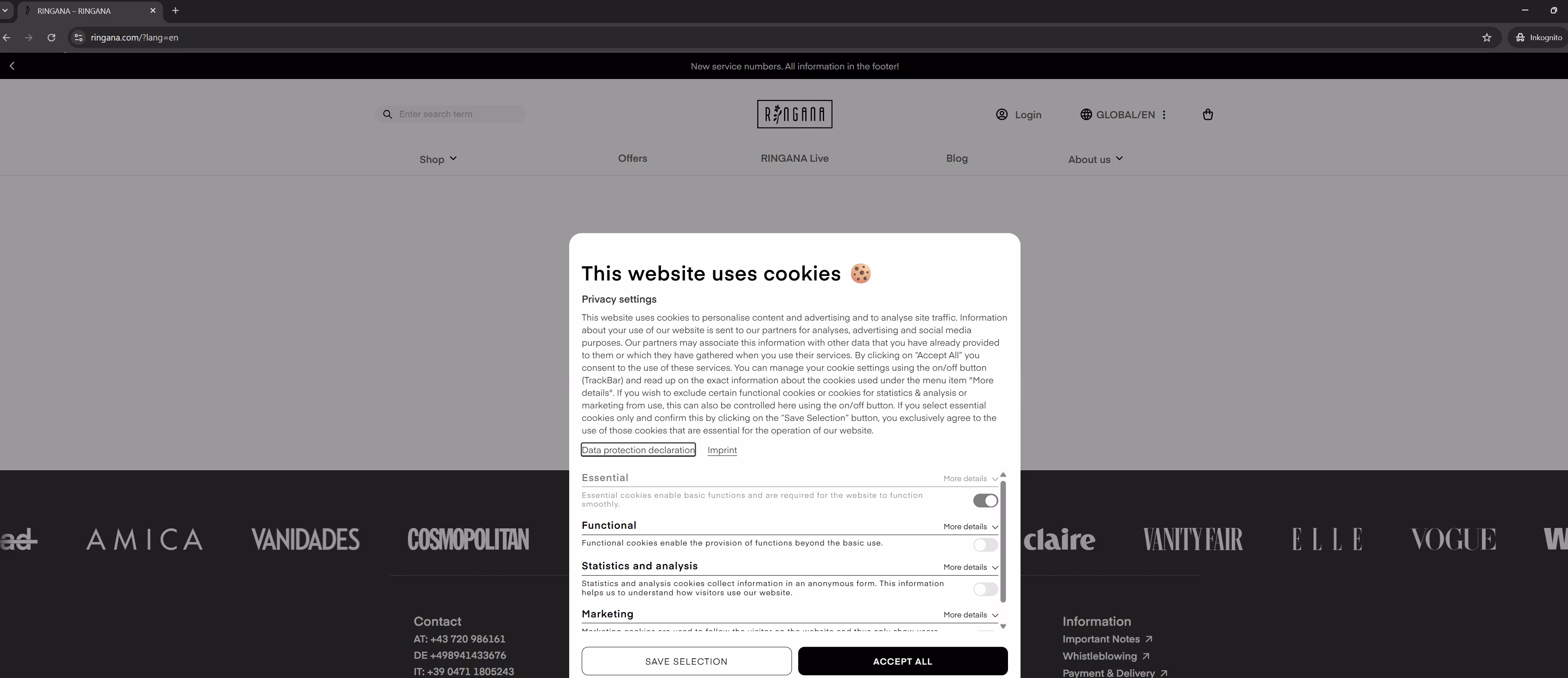 Startseite ohne Seiteninhalt, aber mit Cookie-Banner