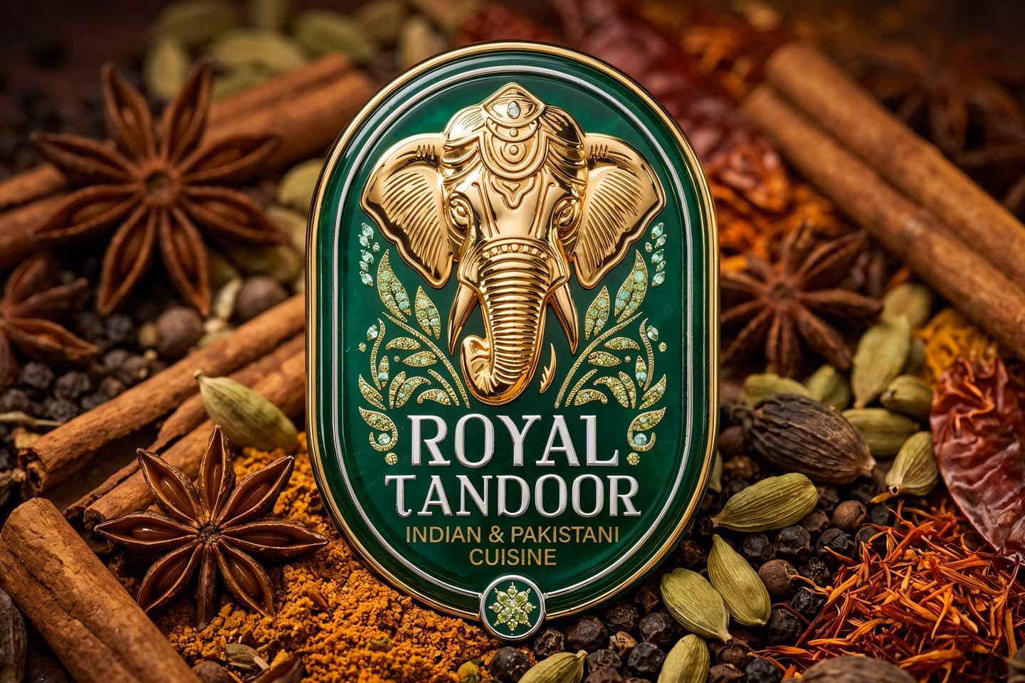 Logo Royal Tandoor &ndash; gr&uuml;nes Emblem mit goldenem Elefanten, umgeben von Zimtstangen, Sternanis und Kardamom