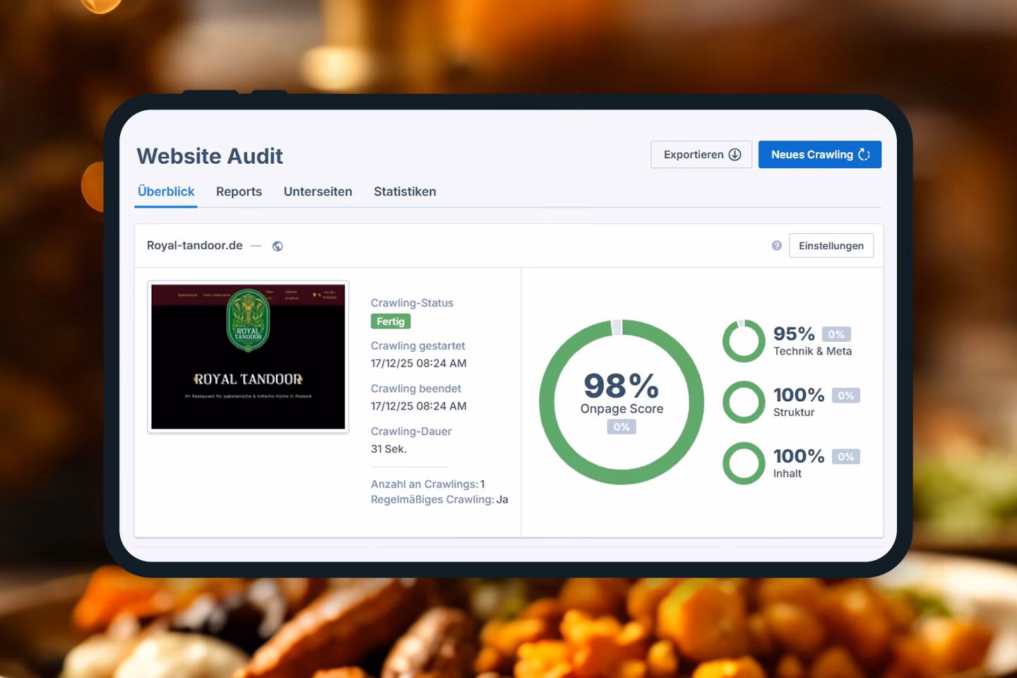 Website Audit von Royal Tandoor bei Seobility mit OnPage Score 98 Prozent, Struktur und Inhalt jeweils 100 Prozent