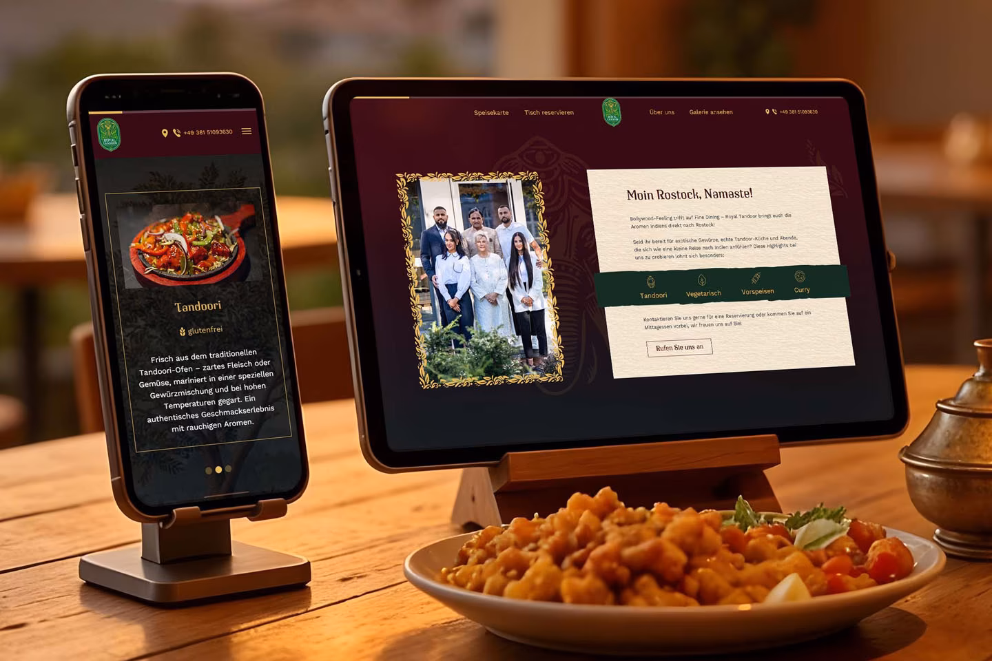 Responsive Darstellung der Royal Tandoor Website auf Smartphone und Tablet mit Speisekarte und Teamfoto