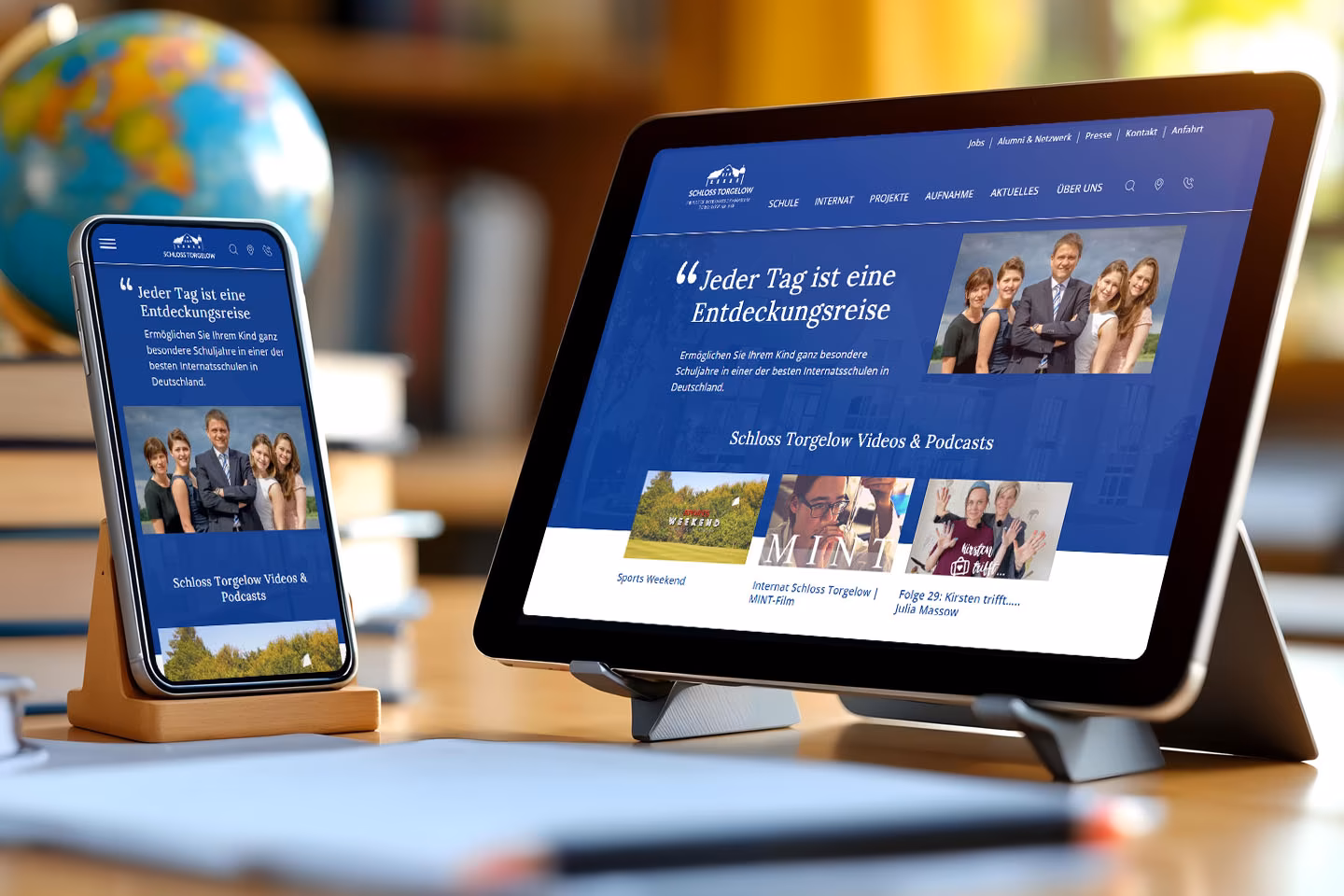 Responsive Startseite von Schloss Torgelow auf Smartphone und Tablet mit Hero-Bereich und Video-Sektion