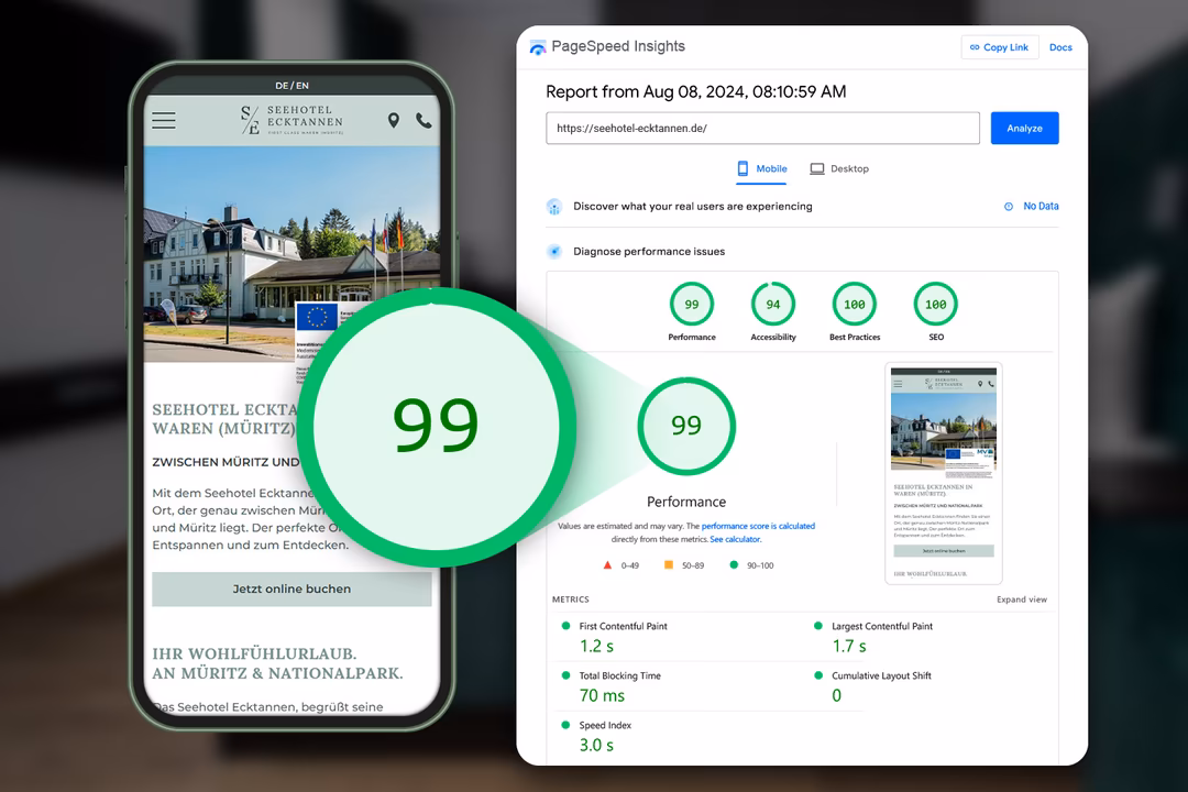 PageSpeed Insights Auswertung der Seehotel Ecktannen Website mit Performance-Score 99 auf mobilen Ger&auml;ten