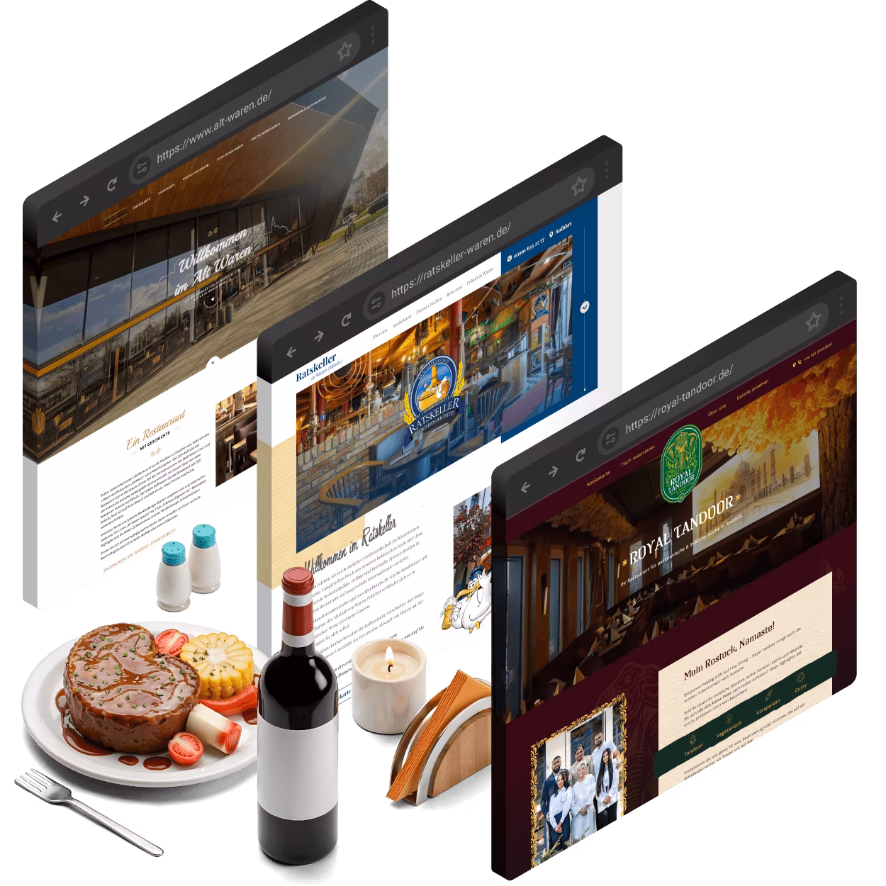 Webdesign und SEO für Restaurants – Referenzprojekte Alt Waren, Ratskeller Waren und Royal Tandoor Rostock von 4eck Media