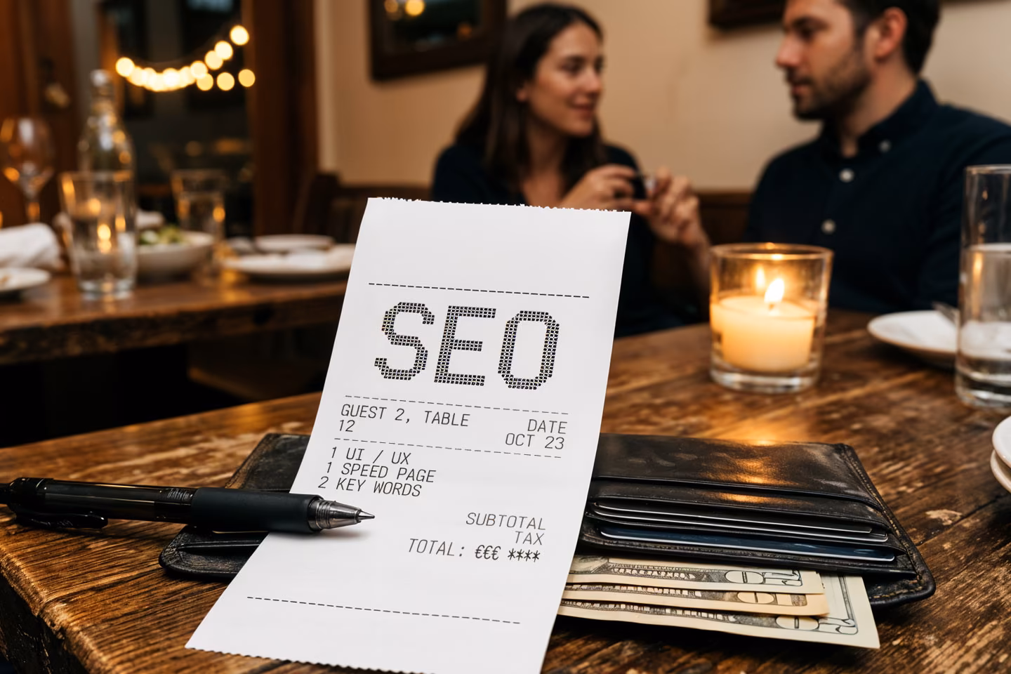Restaurantrechnung mit SEO-Leistungen &ndash; symbolisches Bild f&uuml;r die Kosten von SEO und Webdesign f&uuml;r Restaurants