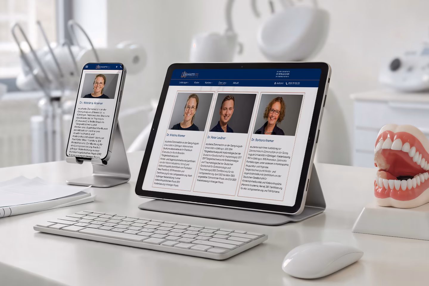 Responsive Darstellung der Team-Seite mit Dr. Kremer, Dr. Leu&szlig;ner und Dr. Barbara Kremer auf Tablet und Smartphone