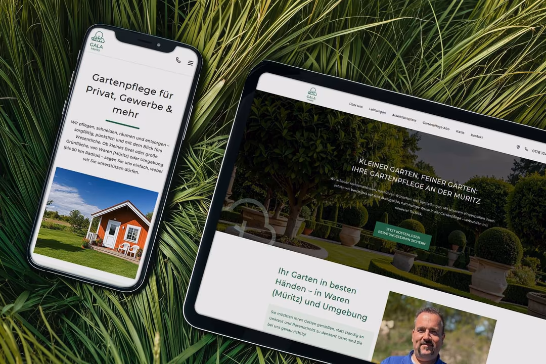Responsive Website-Design von 4eck Media f&uuml;r GALA M&uuml;ritz auf Smartphone und Tablet mit Startseite und Leistungsbereich