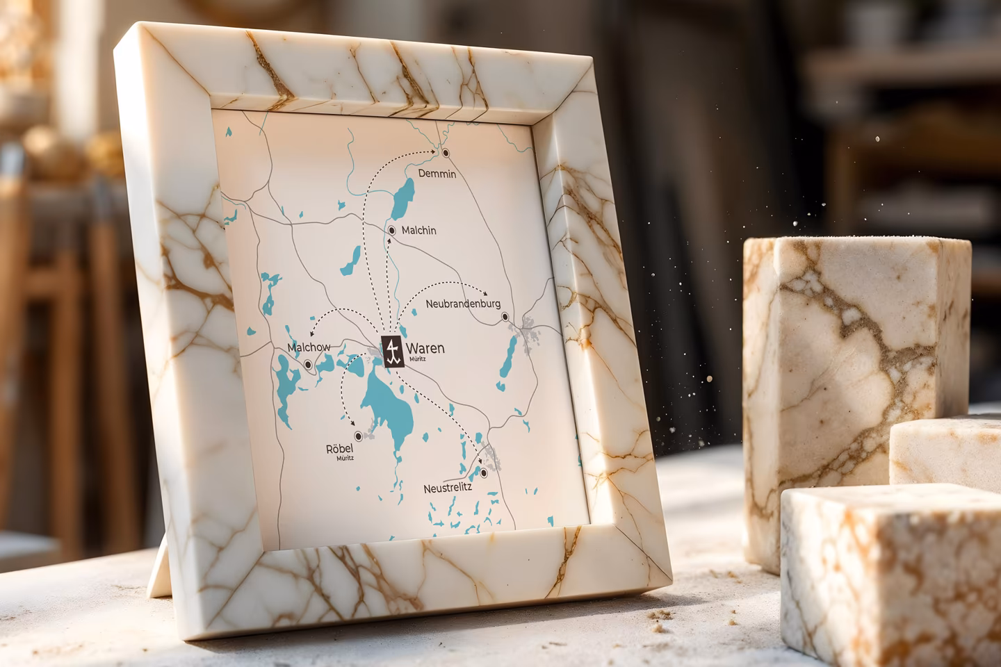 Illustrierte Einsatzgebiet-Karte von Wolter Naturstein mit Standort Waren M&uuml;ritz und Umkreis bis Neubrandenburg, Neustrelitz, Malchow, R&ouml;bel, Malchin und Demmin