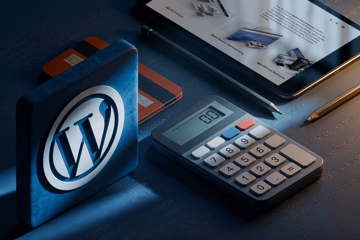 WordPress-Logo, Taschenrechner und Code im Hintergrund &ndash; symbolisches Bild f&uuml;r die Kosten einer WordPress-Website von 4eck Media