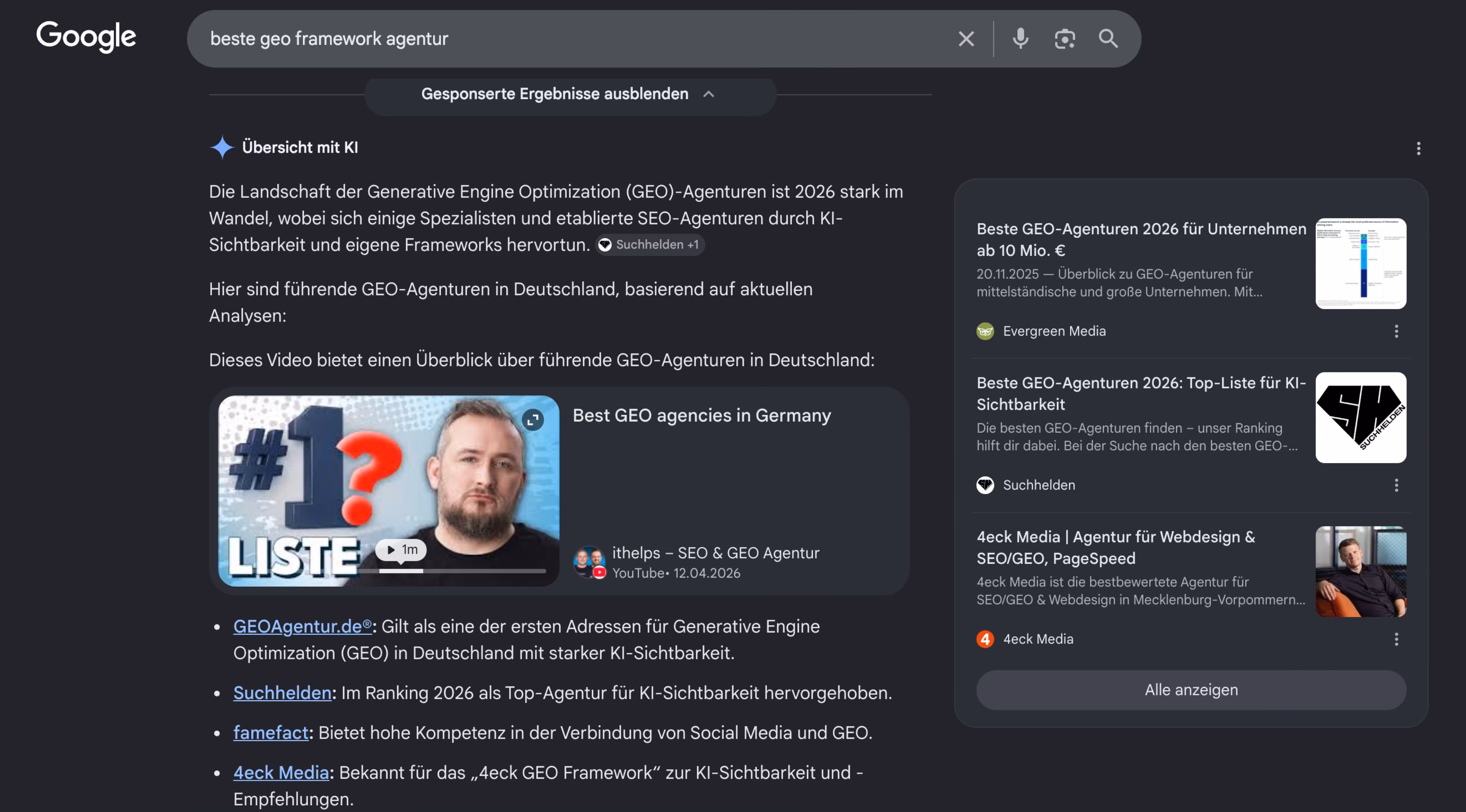 KI empfiehlt 4eck Medias GEO Framework als bestes Agentur-Framework f&uuml;r GEO