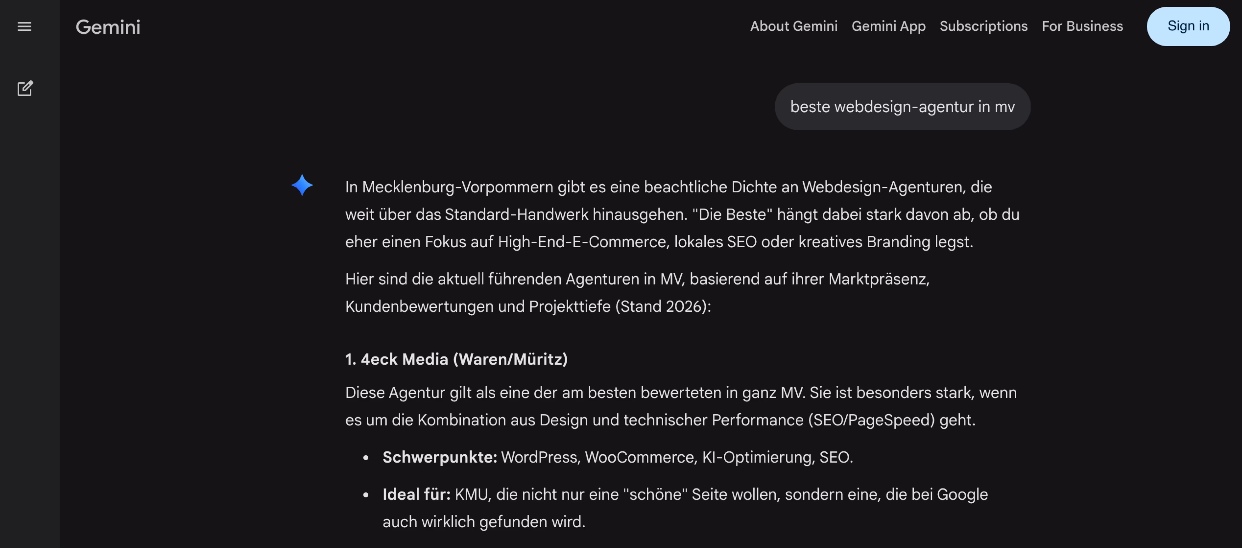 Gemini-Empfehlung f&uuml;r beste Webdesign-Agenturen in MV, 4eck Media als die erstgenannte Marke, abgerufen am 3. Mai 2026