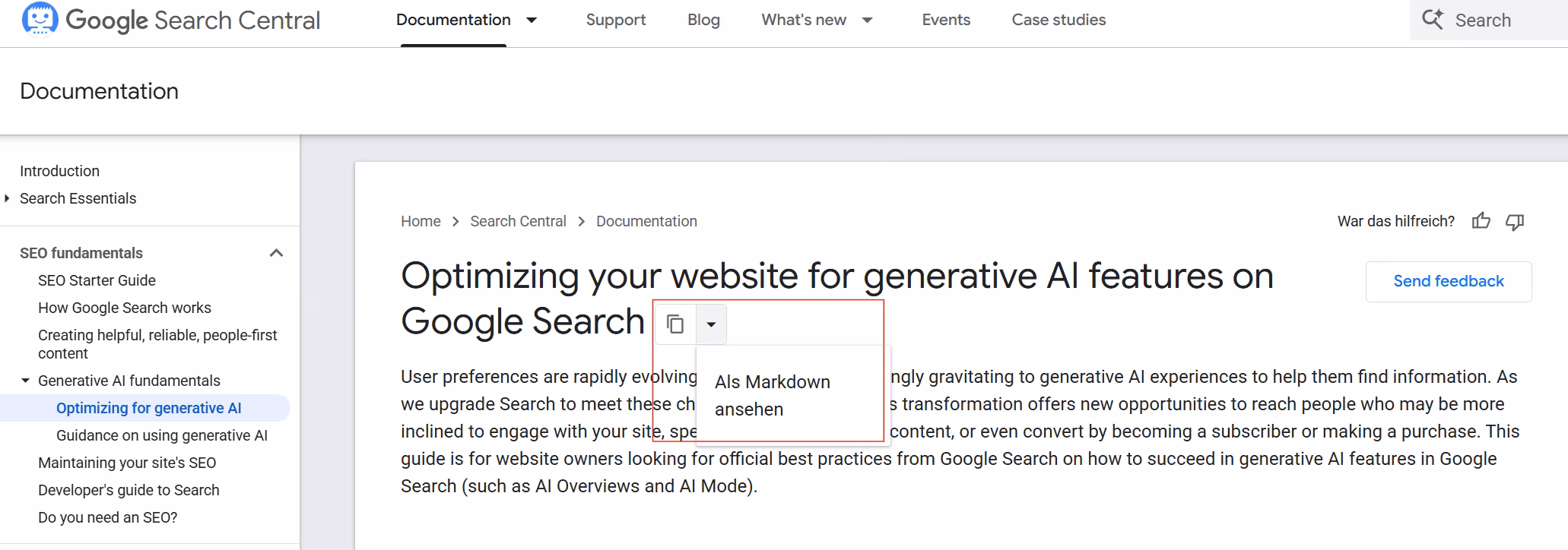 Markdown-Option bei Google