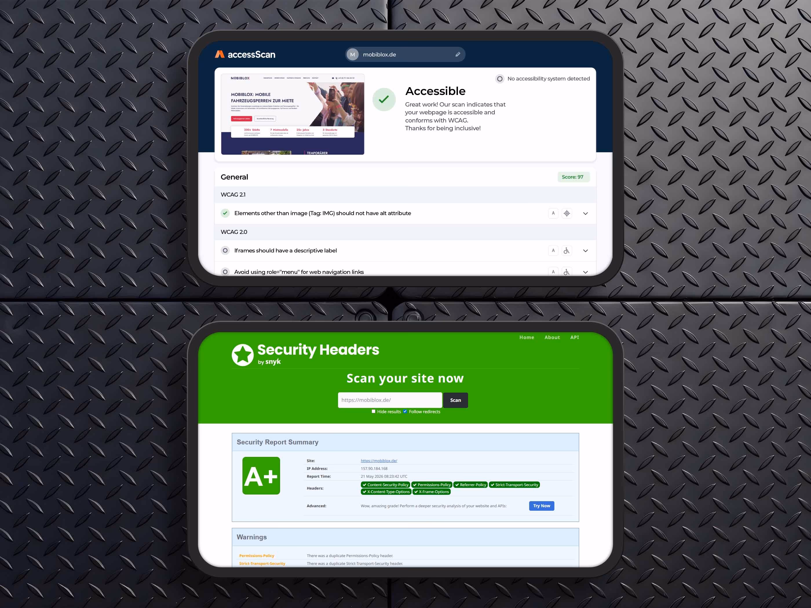 Pr&uuml;fergebnisse der MOBIBLOX-Website: accessScan best&auml;tigt WCAG-Konformit&auml;t und Security Headers vergibt Note A+