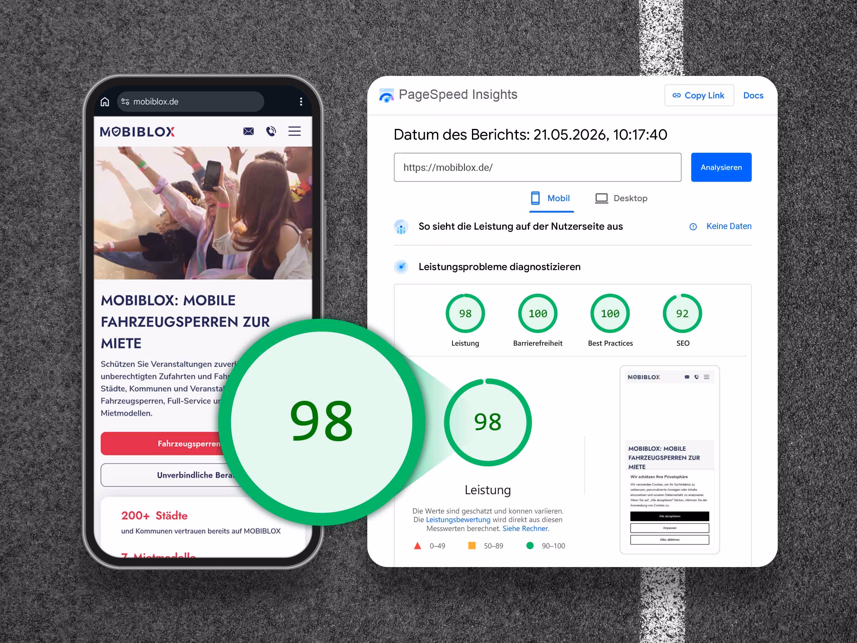 OBIBLOX-Website auf dem Smartphone mit Google PageSpeed Insights Score von 98