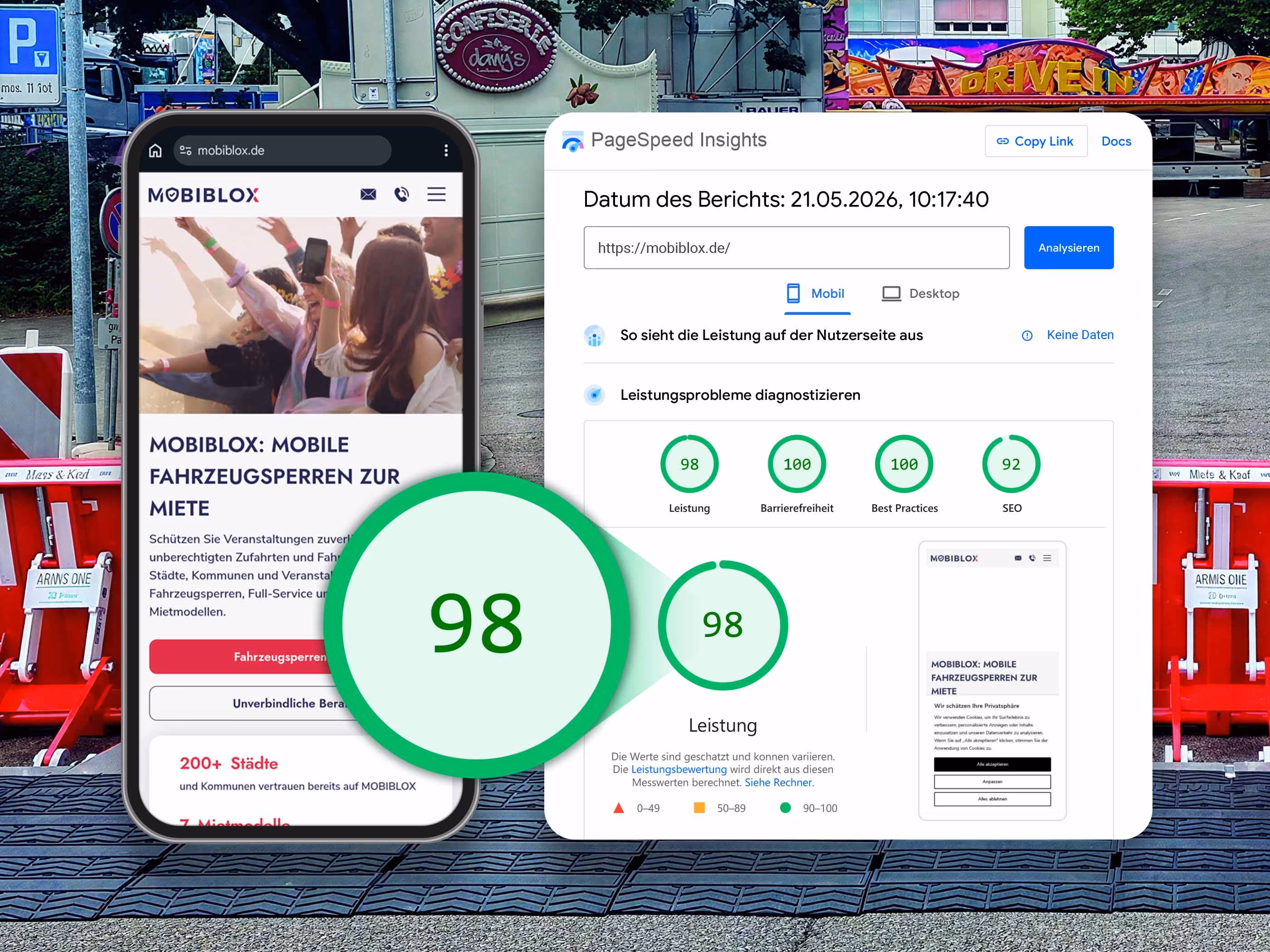 PageSpeed-Ergebnis der MOBIBLOX Website mit 98 Punkten mobil in der Case Study f&uuml;r Industrieunternehmen