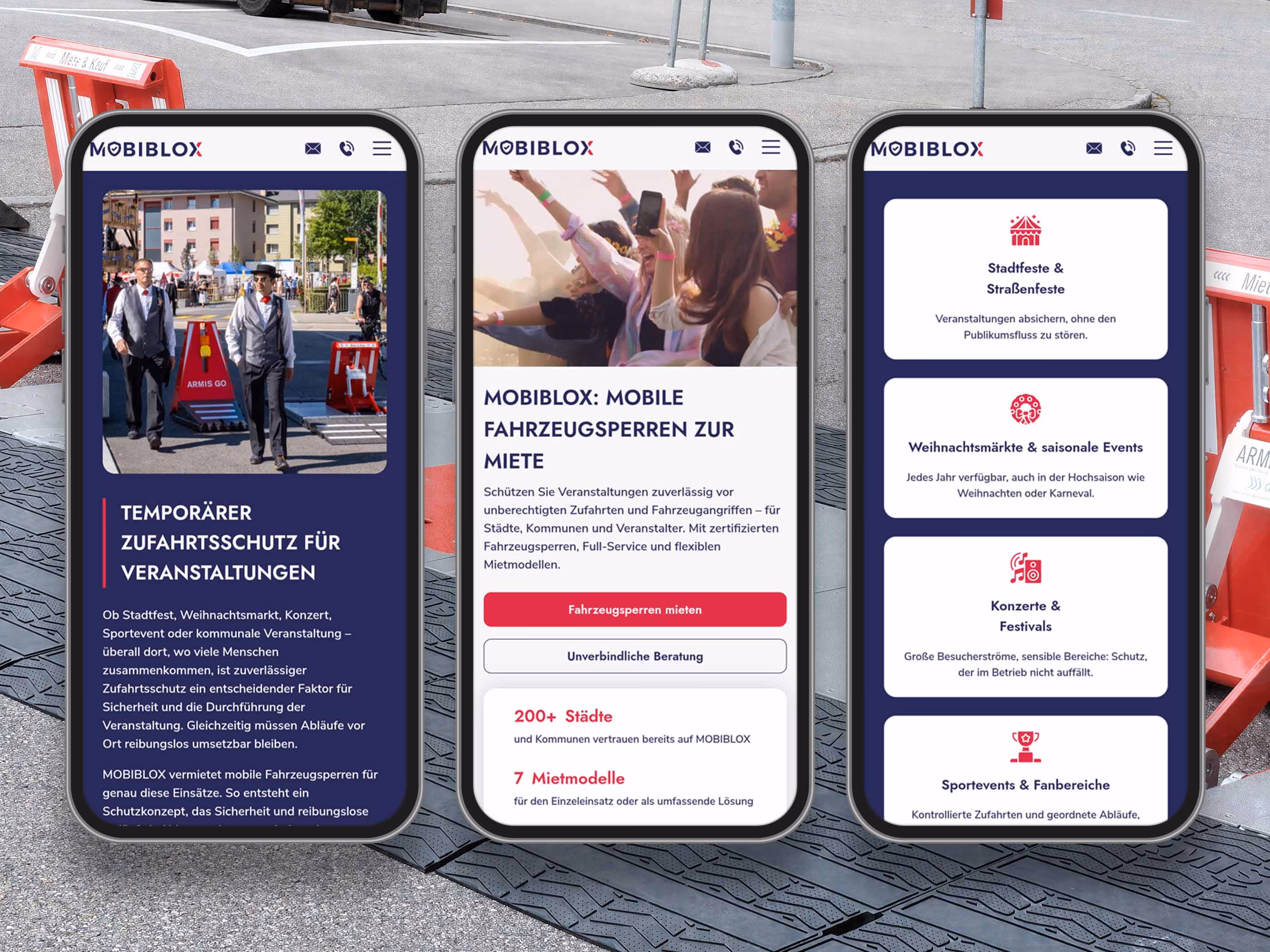 Mobile MOBIBLOX Website auf drei Smartphones vor einem Stadtfest in der Case Study f&uuml;r Sicherheitsunternehmen