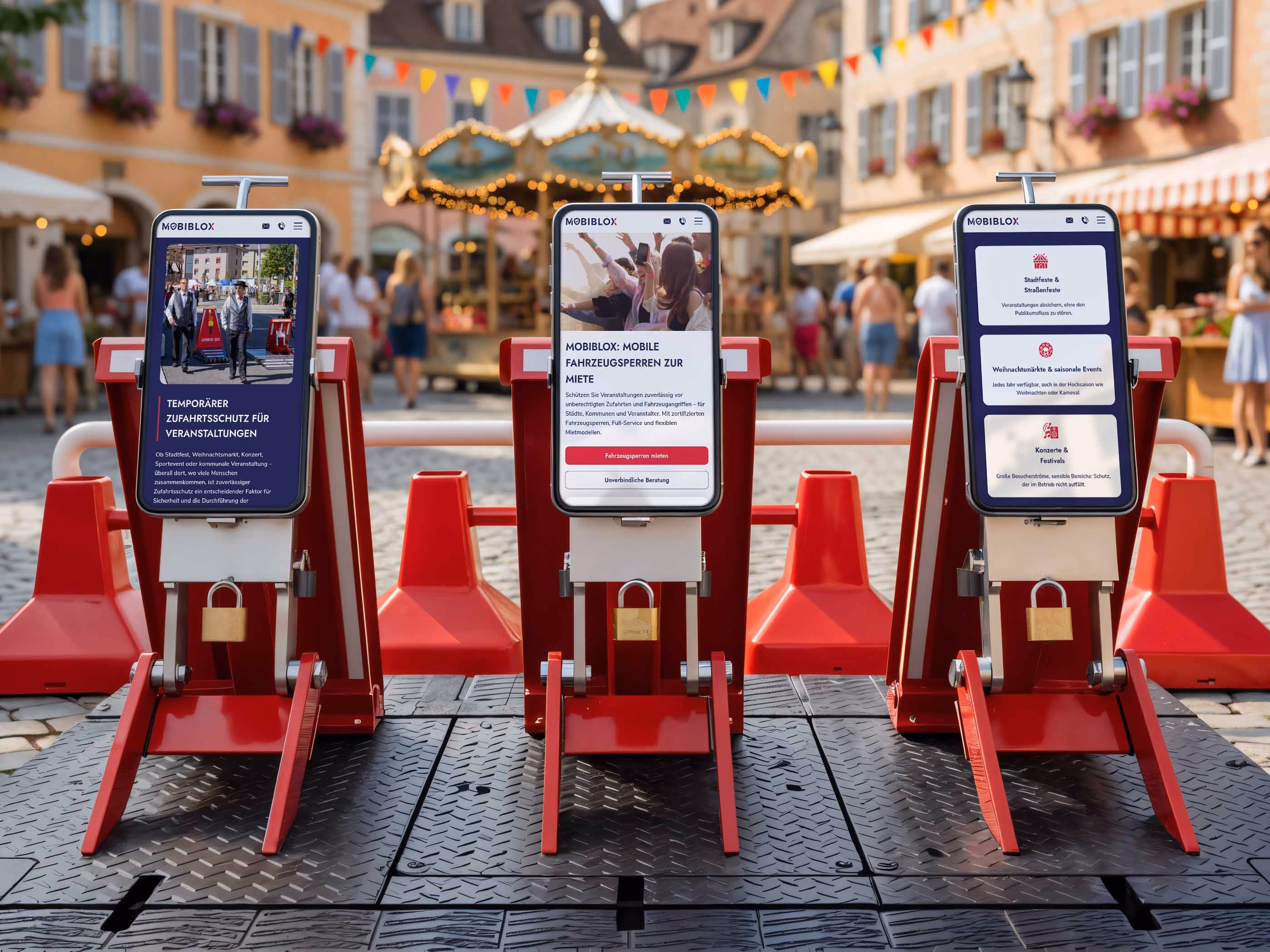 Drei Smartphones zeigen die responsive MOBIBLOX-Website vor der Kulisse eines Stadtfestes
