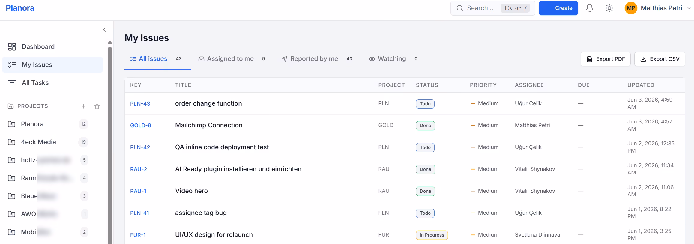 My Issues Dashboard in Planora