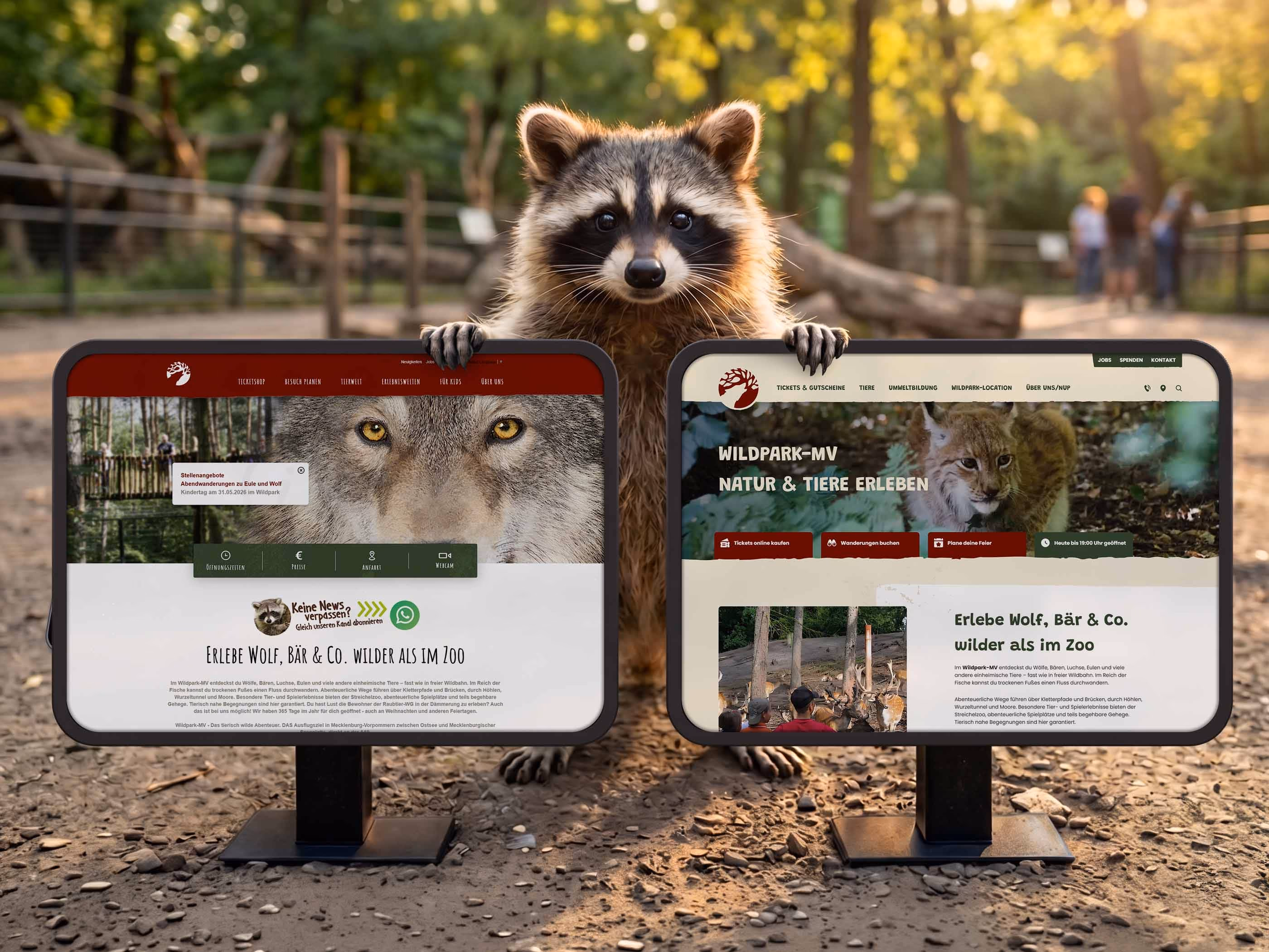Vorher-Nachher-Vergleich der alten und neuen Wildpark-MV Webseite auf zwei Tablets