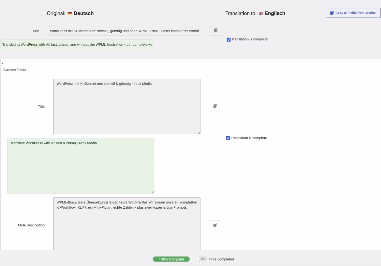 WPML-&Uuml;bersetzungseditor mit der langen Feldliste eines gro&szlig;en Artikels, viele Felder pro Beitrag