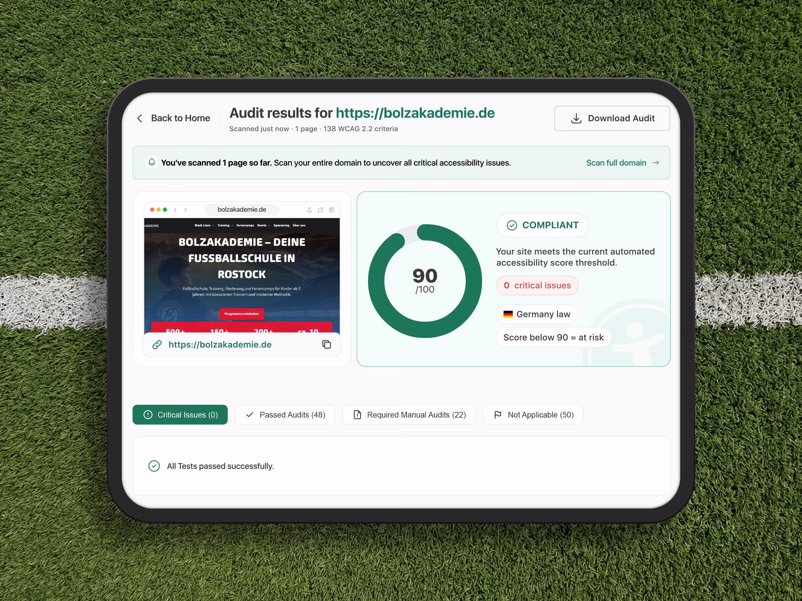 WCAG-2.2-Audit der Bolzakademie-Website mit 90 von 100 Punkten und null kritischen Fehlern