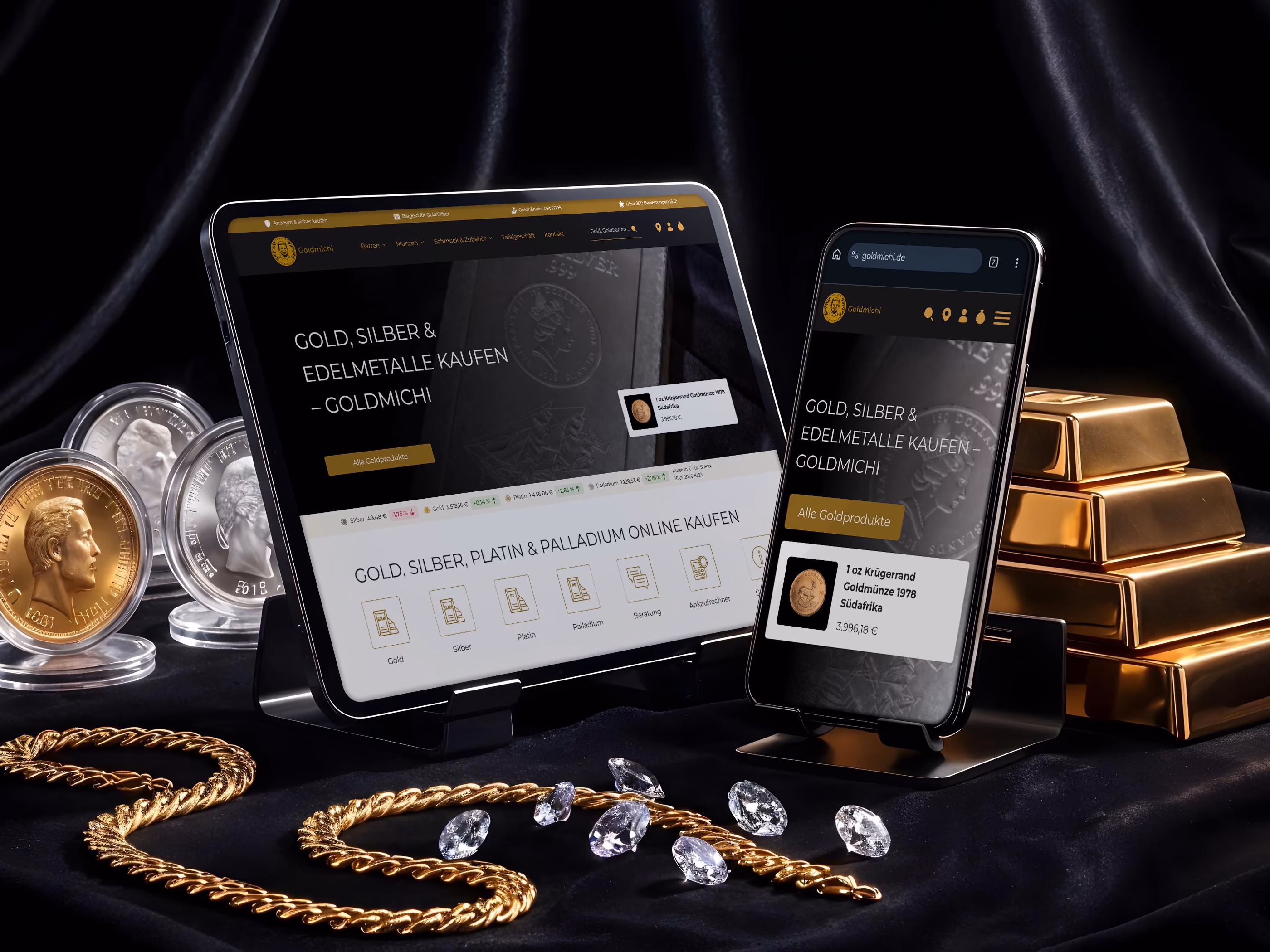 Goldmichi Online-Shop f&uuml;r Edelmetalle auf Tablet und Smartphone mit Goldbarren und Goldkette