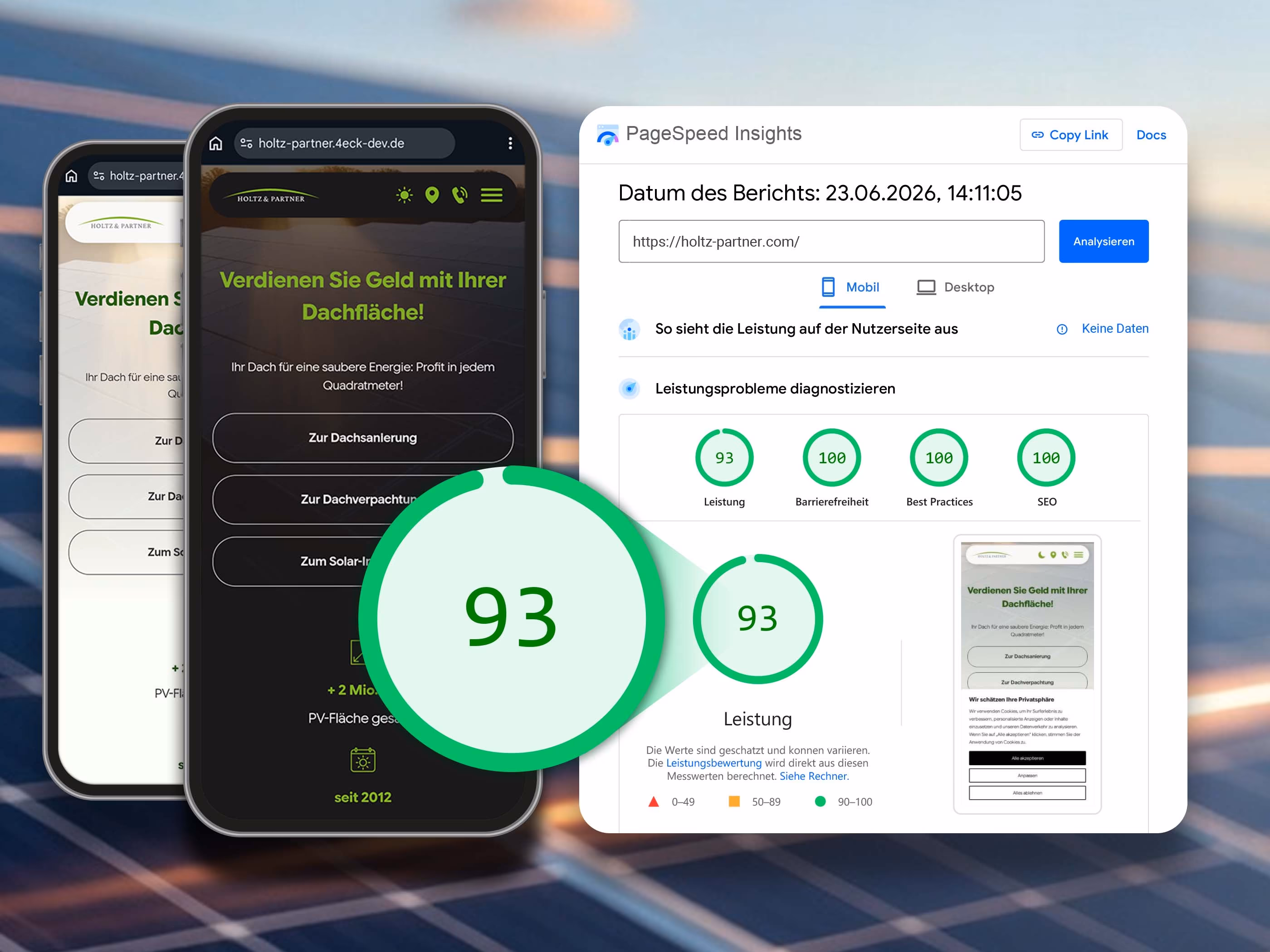 Google PageSpeed Insights der Holtz & Partner Website mit 93 Punkten Leistung sowie 100 Punkten bei Barrierefreiheit, Best Practices und SEO