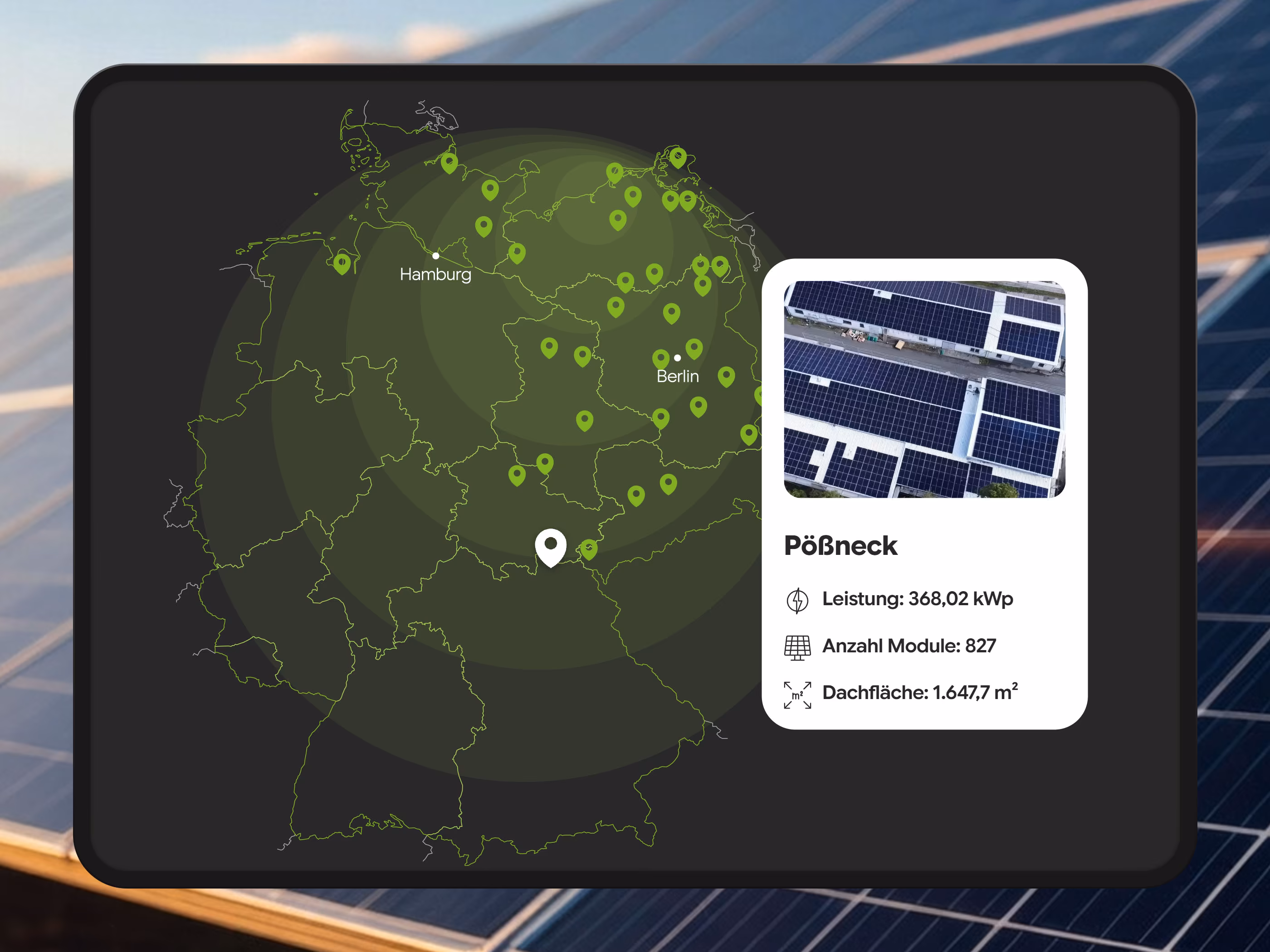 Interaktive Projektkarte der Holtz & Partner Website mit realisierten Solaranlagen in Deutschland und Detailansicht zum Standort P&ouml;&szlig;neck
