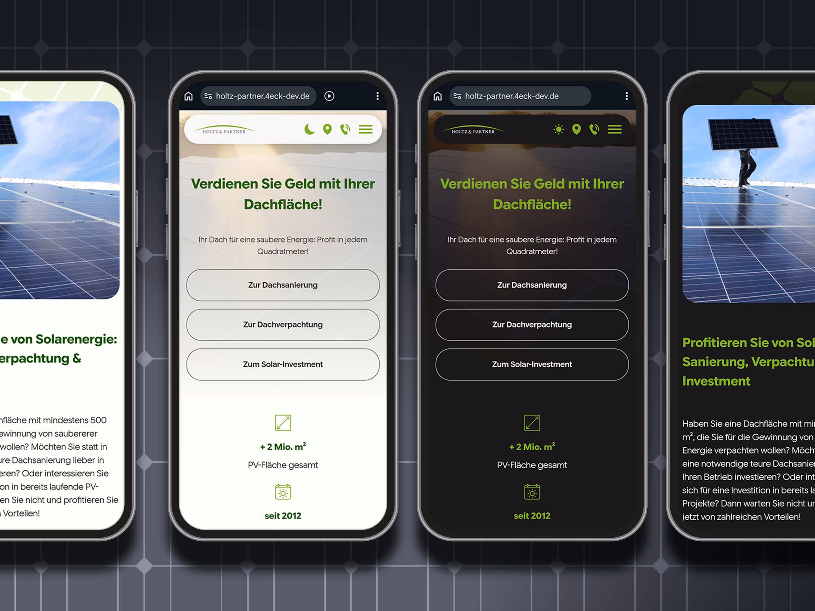 Responsive Startseite der Holtz & Partner Solar-Website auf vier Smartphones mit Call-to-Action-Buttons