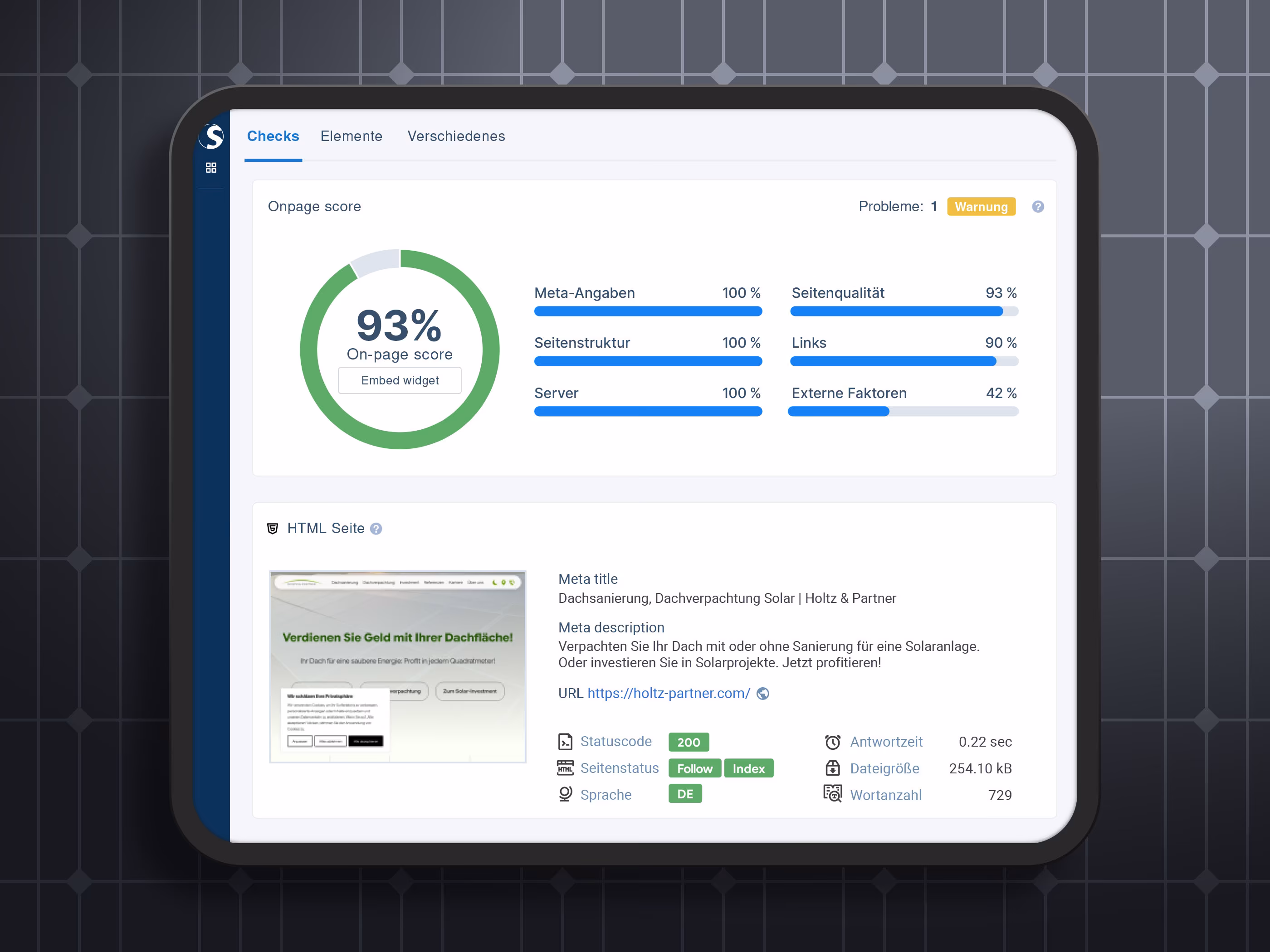 SEO-Analyse der Holtz & Partner Website mit 93 Prozent On-Page-Score und Bestwerten bei Meta-Angaben und Seitenstruktur