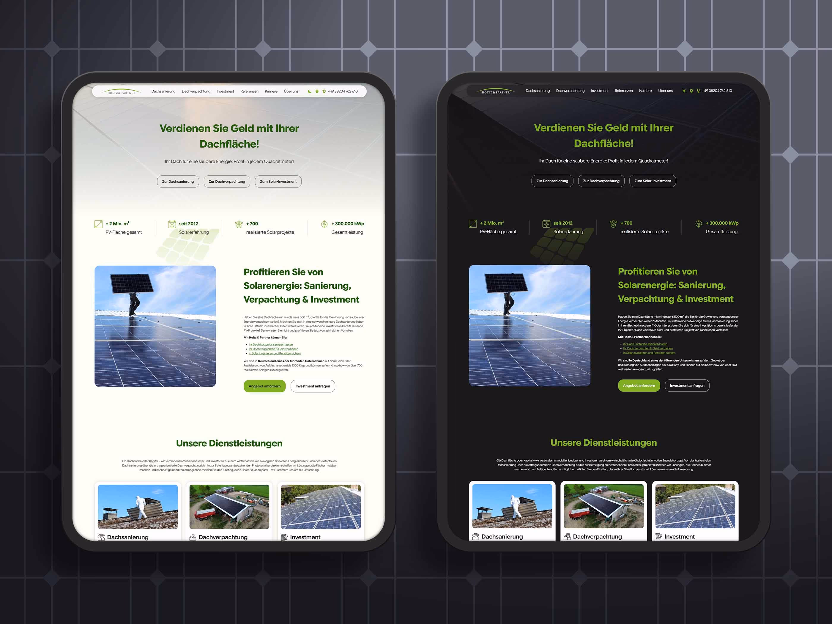 Startseite der Holtz & Partner Solar-Website im hellen und dunklen Design auf zwei Tablets