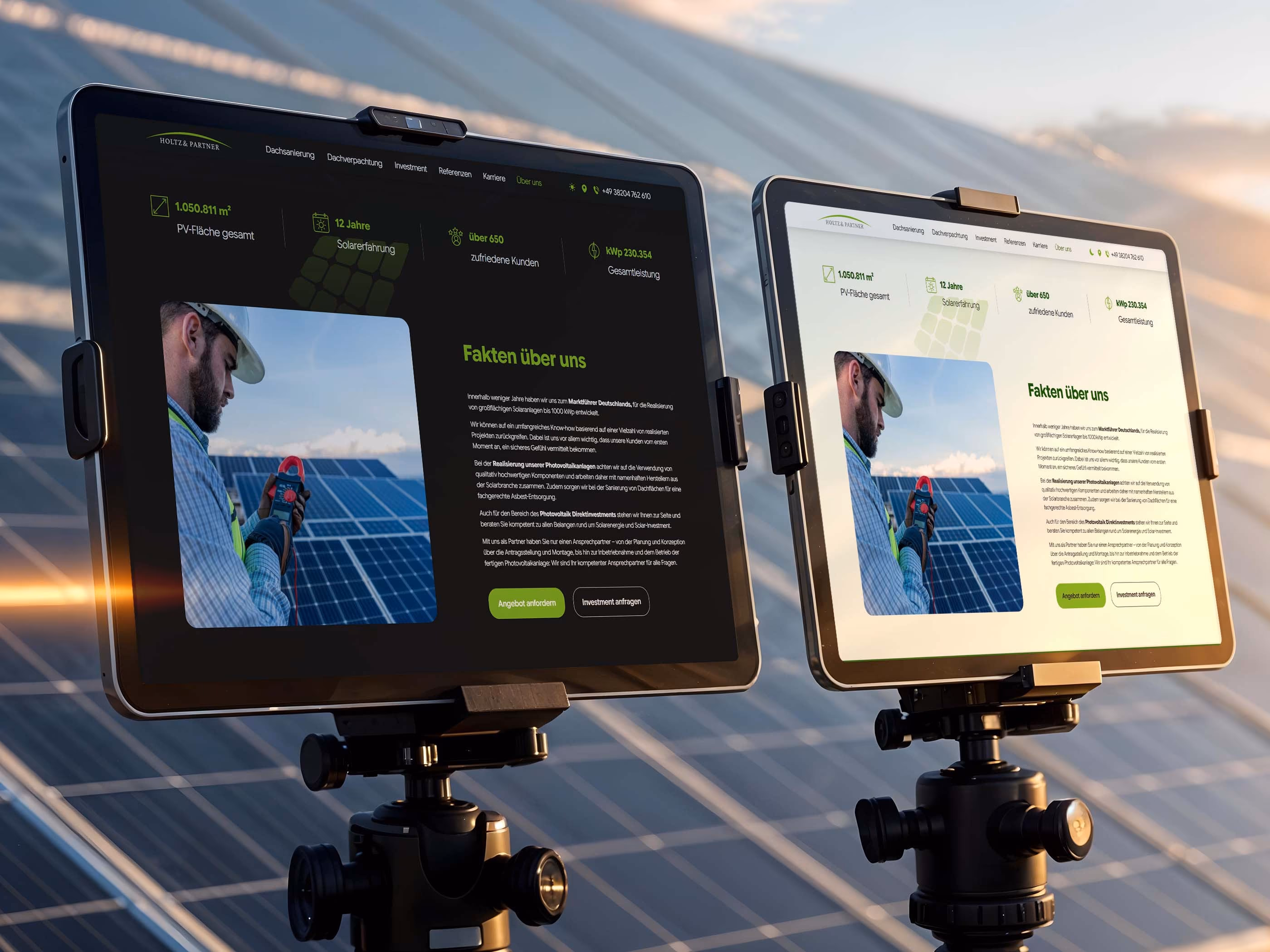 &Uuml;ber-uns-Seite der Holtz & Partner Website mit Unternehmensfakten und einem Techniker an einer Photovoltaik-Anlage auf zwei Tablets