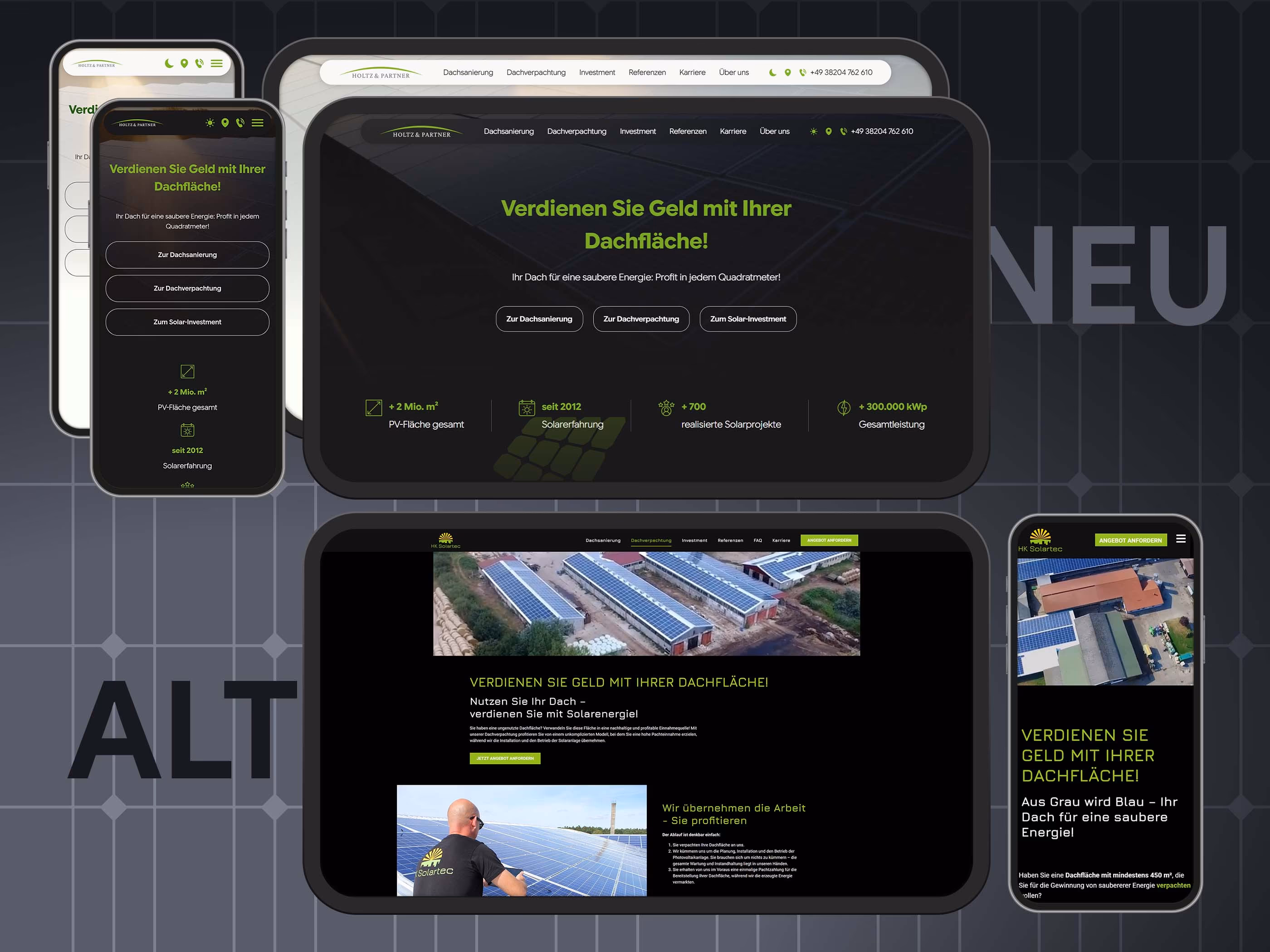 Website-Relaunch im Vorher-nachher-Vergleich: die neue Holtz & Partner Seite gegen&uuml;ber der alten HK Solartec Website