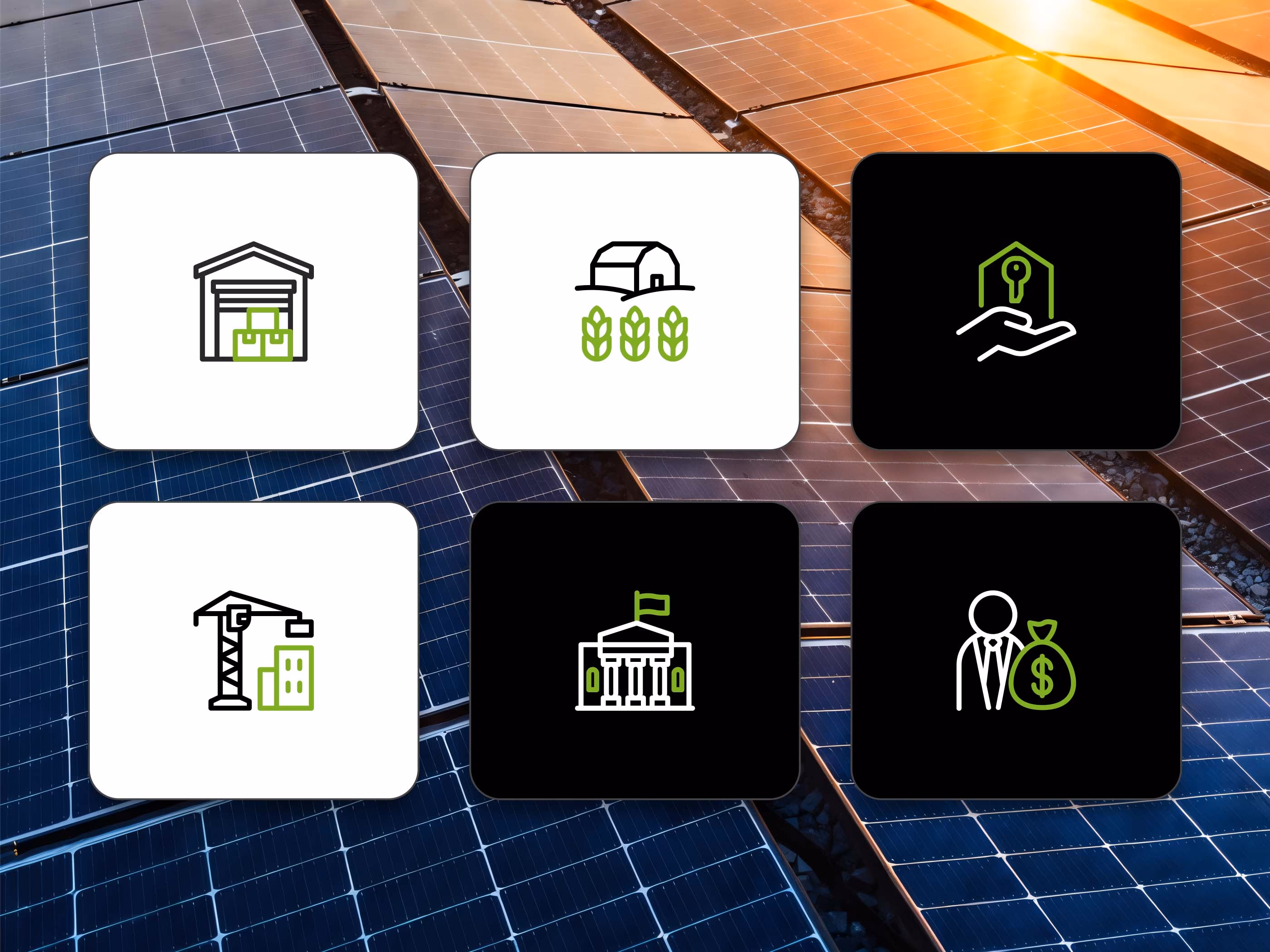 Zielgruppen-Icons der Holtz & Partner Website f&uuml;r Gewerbe, Landwirtschaft, Immobilien, Neubau, Kommunen und Investoren