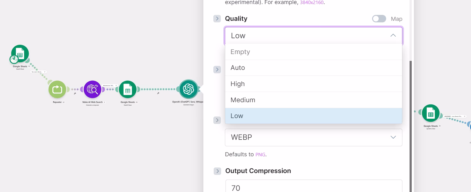 Einstellungen der KI-Bildgenerierung in Make: Qualit&auml;t Low, WEBP-Format und Kompression 70 f&uuml;r optimierte Beitragsbilder
