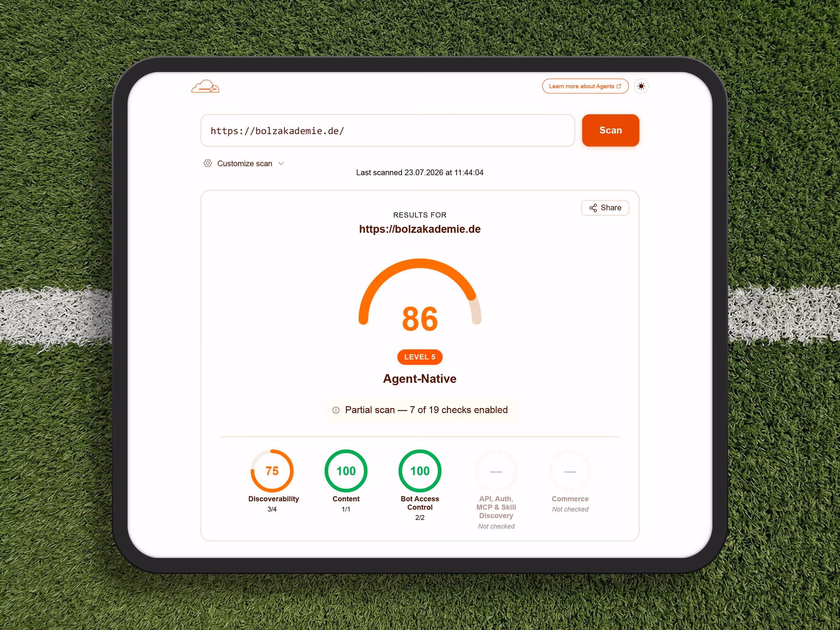 Cloudflare-Scan der Bolzakademie-Website mit Level 5 Agent-Native und Score 86