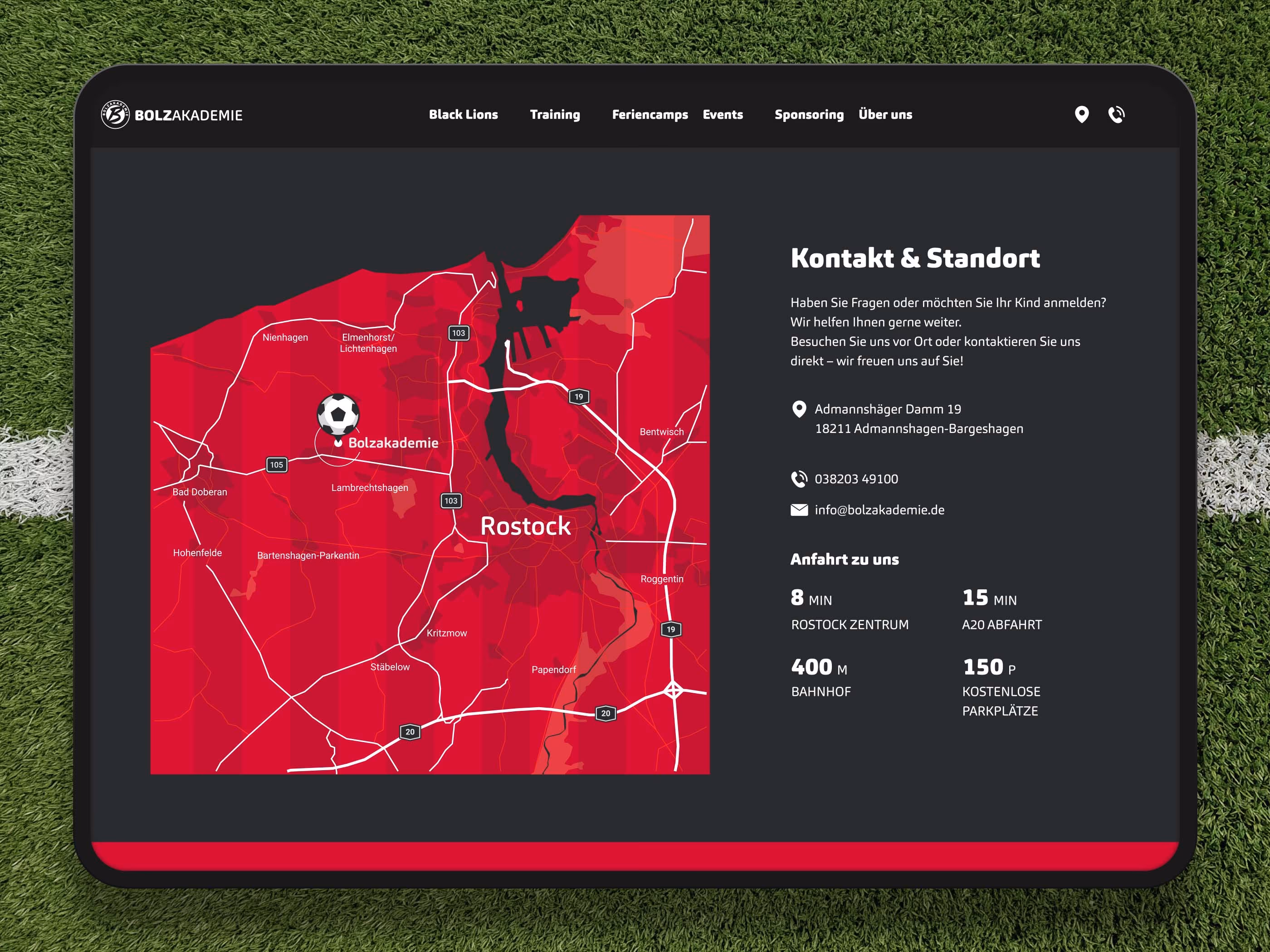 Kontaktseite der Bolzakademie im Webdesign mit stilisierter Standortkarte der Region Rostock