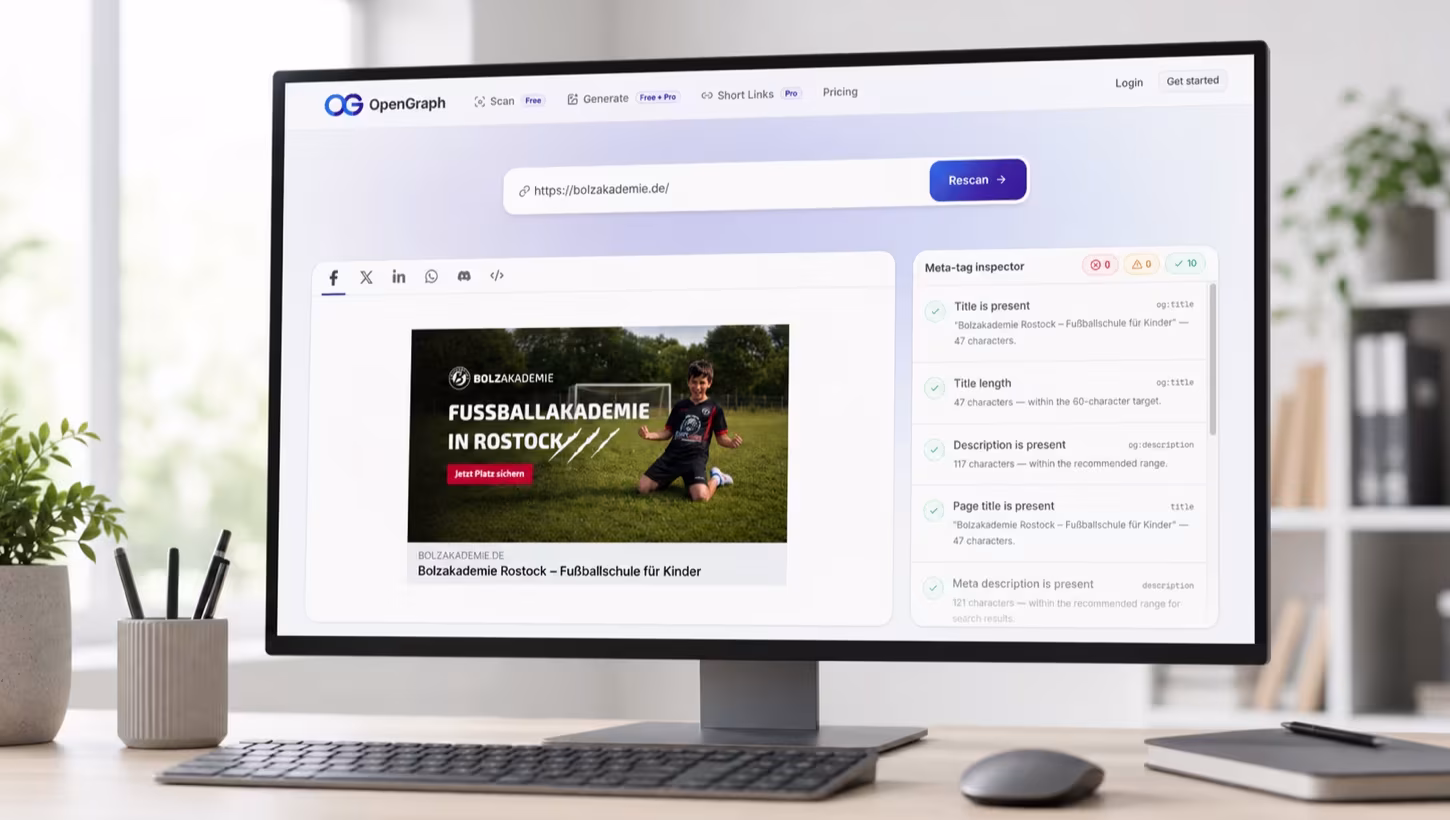 Contrôle OpenGraph du site de la Bolzakademie avec une image OG correctement intégrée