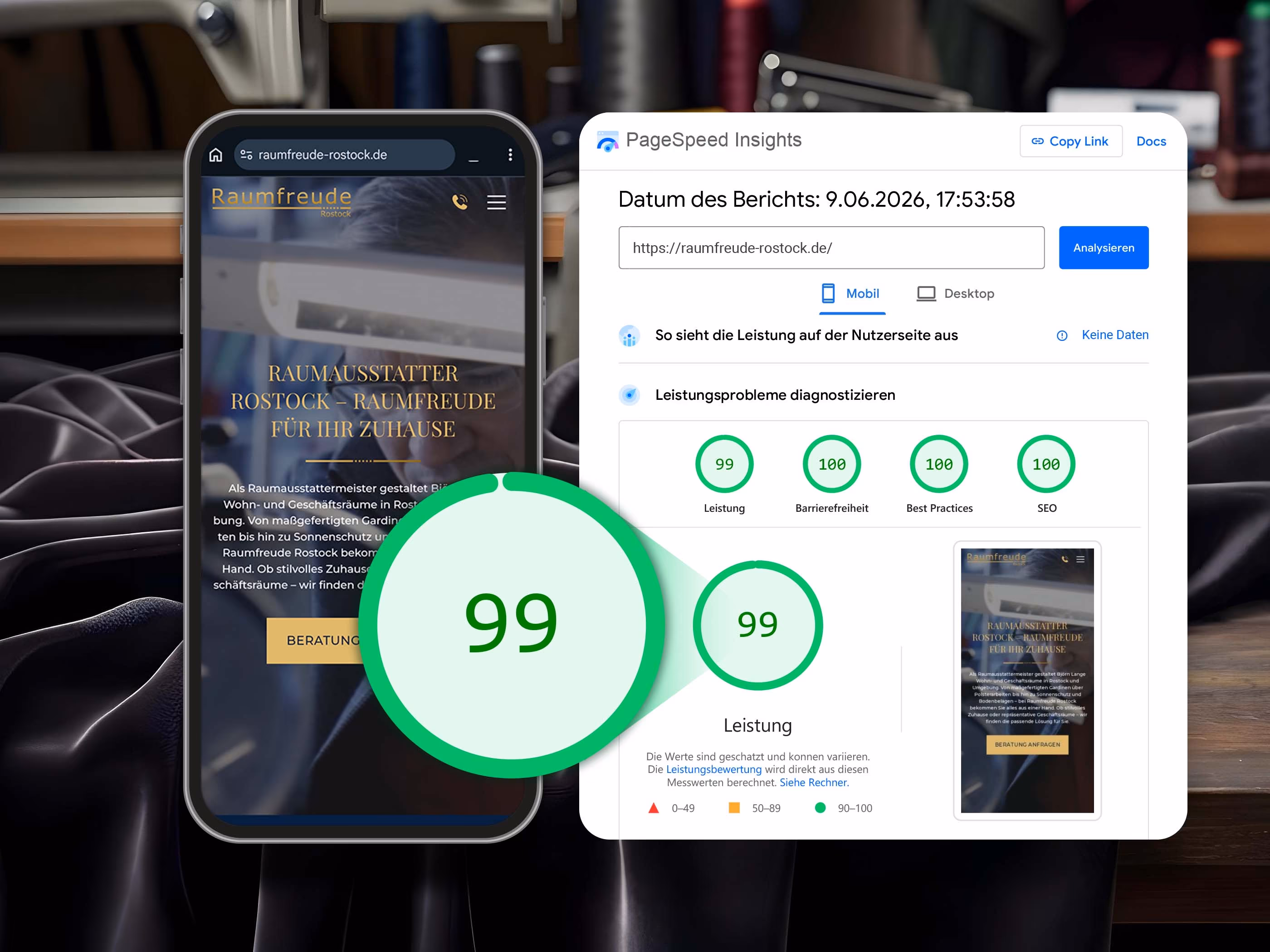 Google PageSpeed Insights der Raumfreude Rostock mit 99 Punkten Leistung und 100 Punkten bei SEO in der mobilen Ansicht