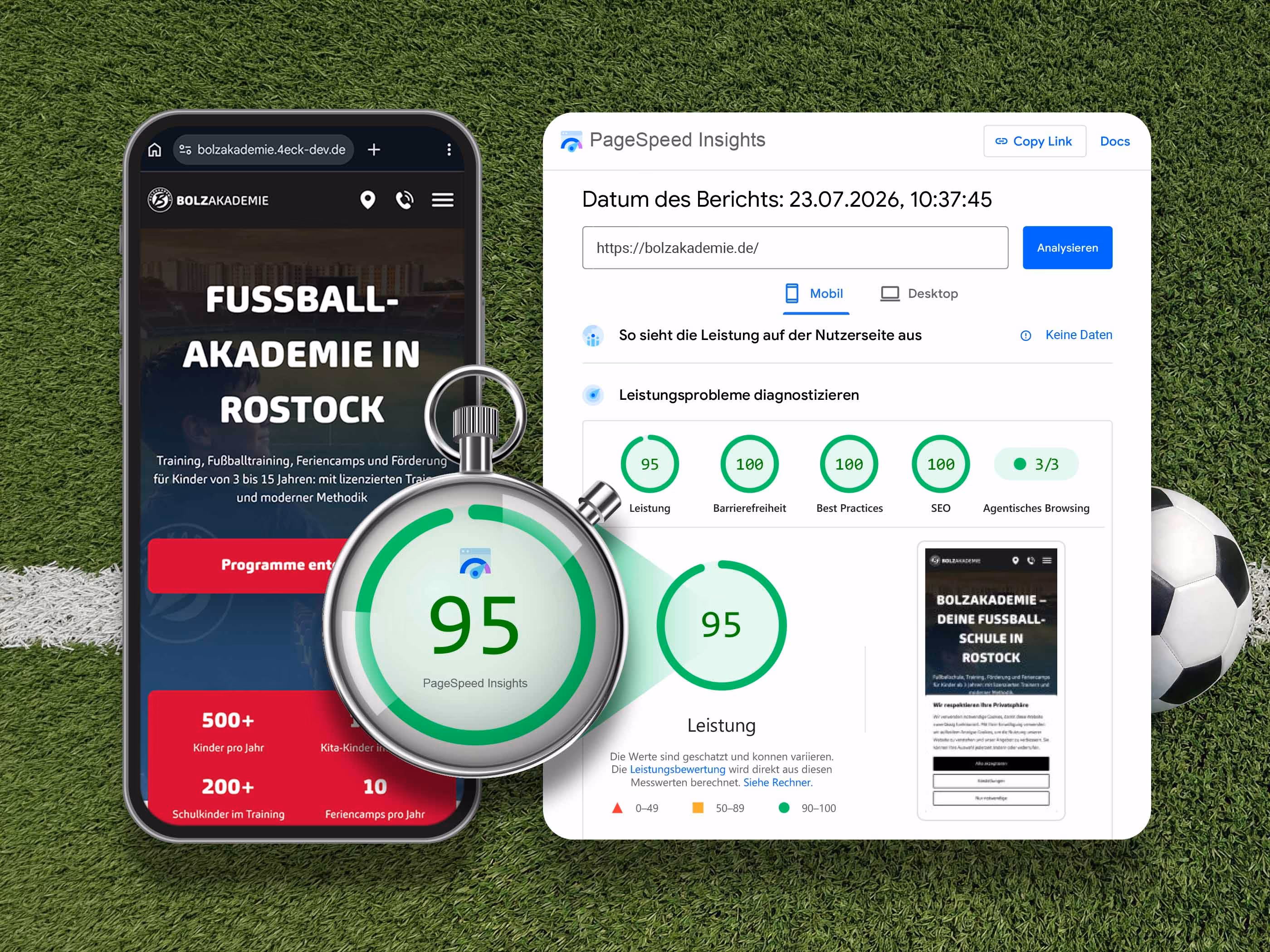 Google PageSpeed Insights Bericht der Bolzakademie-Website mit Bewertung der Ladezeit