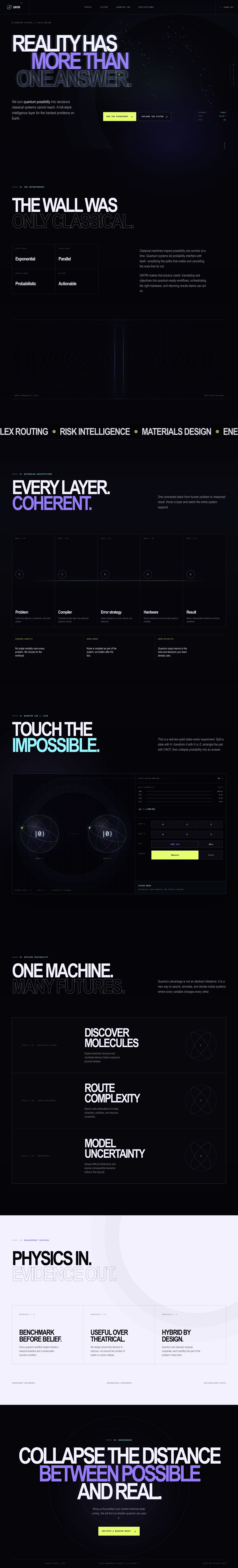 Desktop-Ansicht der mit ChatGPT Sol Ultra erstellten Quantum-Computing-Landingpage mit minimalistischer Gestaltung und gro&szlig;er Typografie.