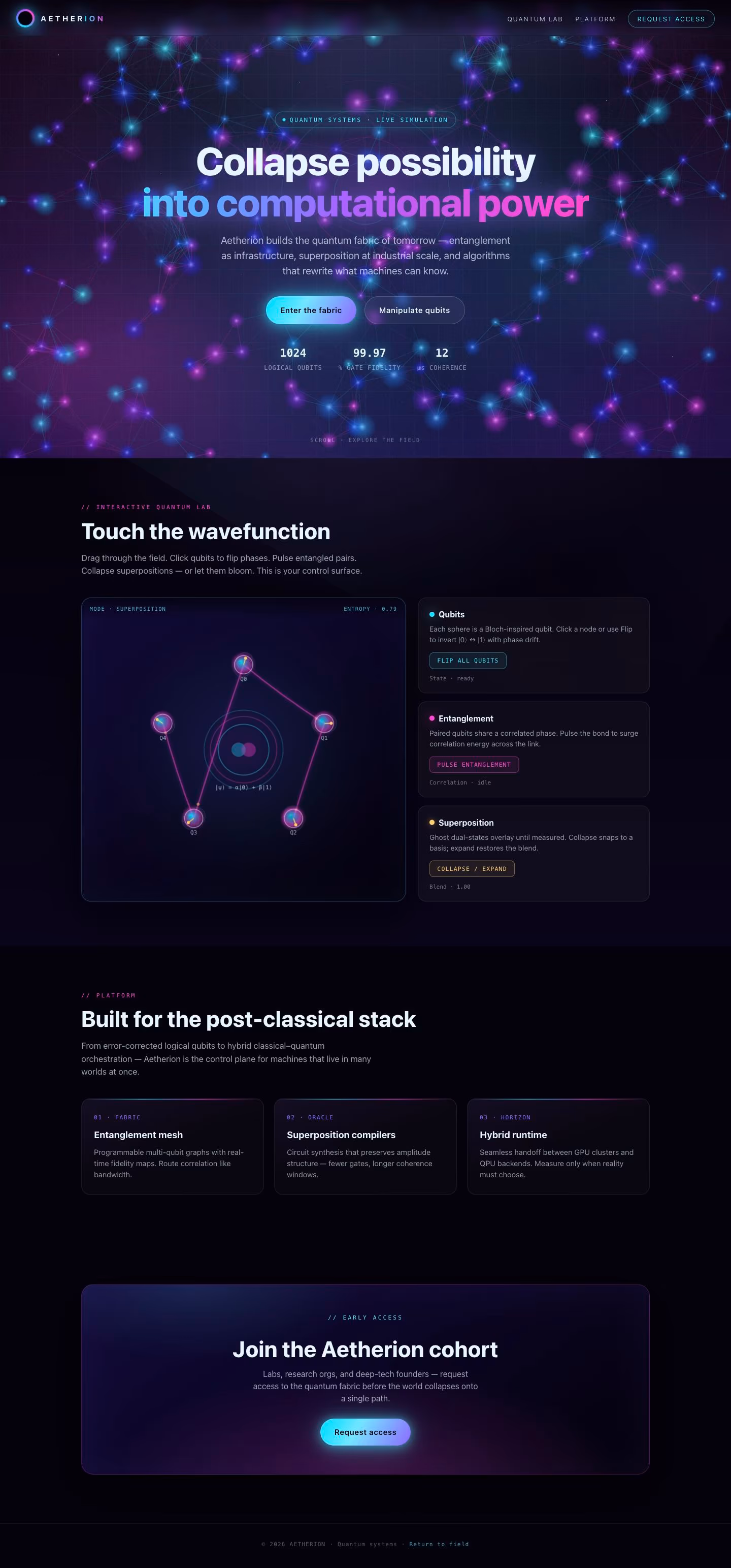 Desktop-Ansicht der mit Grok 4.5 Heavy erstellten Aetherion-Landingpage mit blau-violettem Partikelfeld und Quantum-Lab.