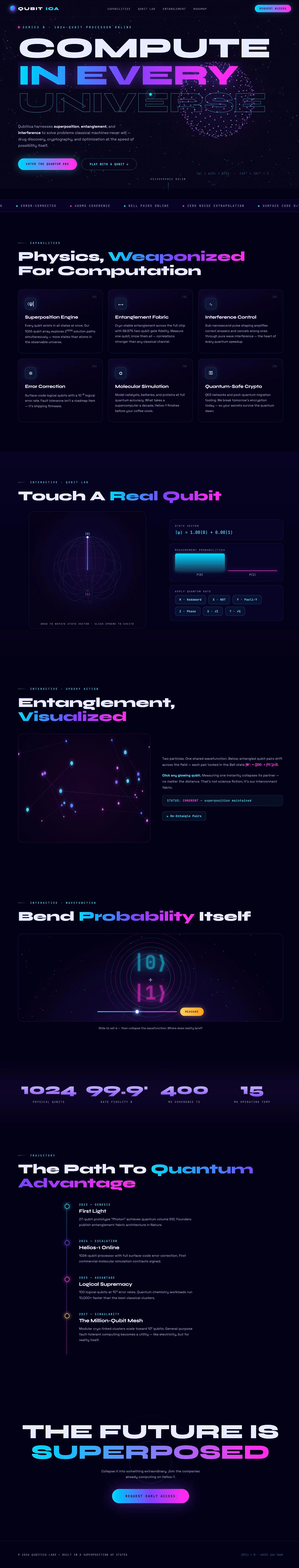 Desktop-Ansicht der mit Kimi K3 Max erstellten Quantum-Computing-Landingpage mit Neon-Typografie und Qubit-Visualisierungen.